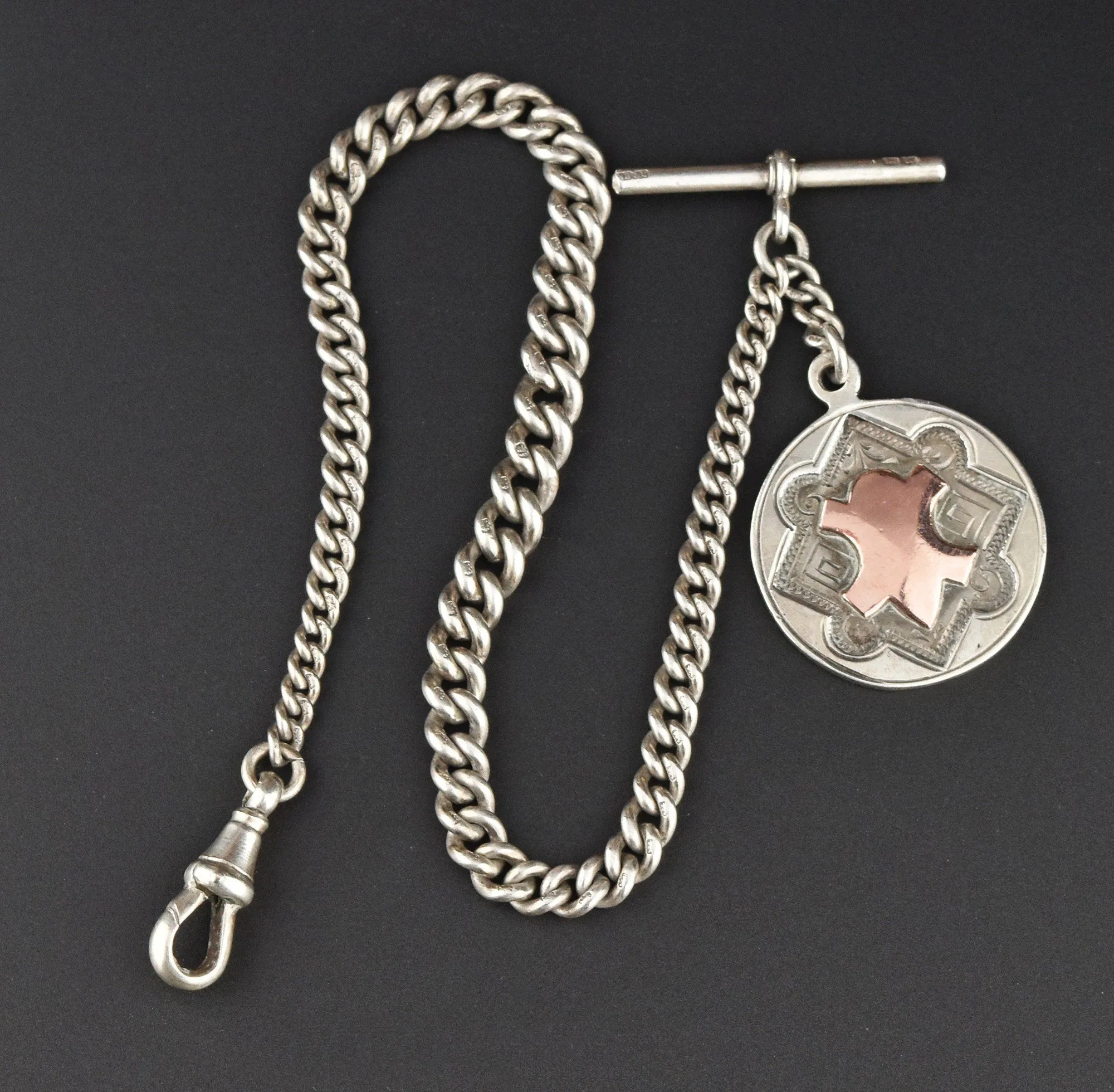 English Hallmarked Silver Albert Watch Chain and Rose Gold Fob