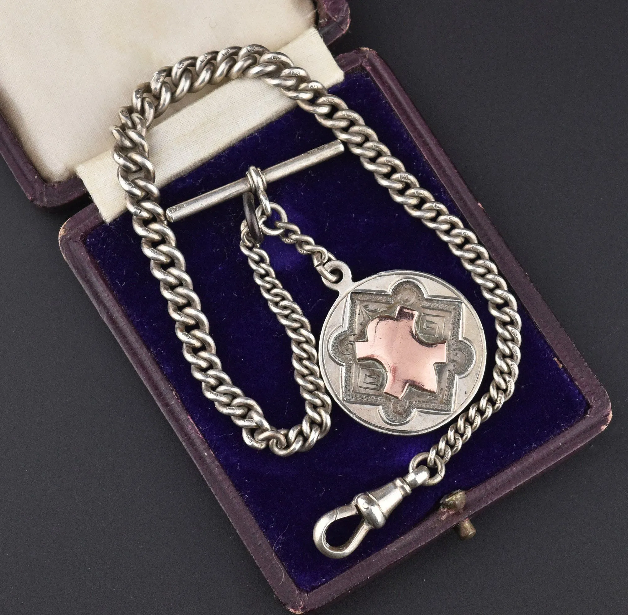 English Hallmarked Silver Albert Watch Chain and Rose Gold Fob