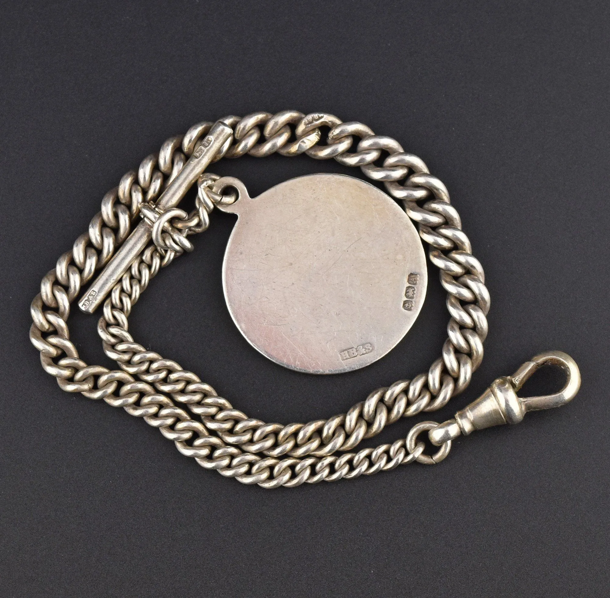 English Hallmarked Silver Albert Watch Chain and Rose Gold Fob