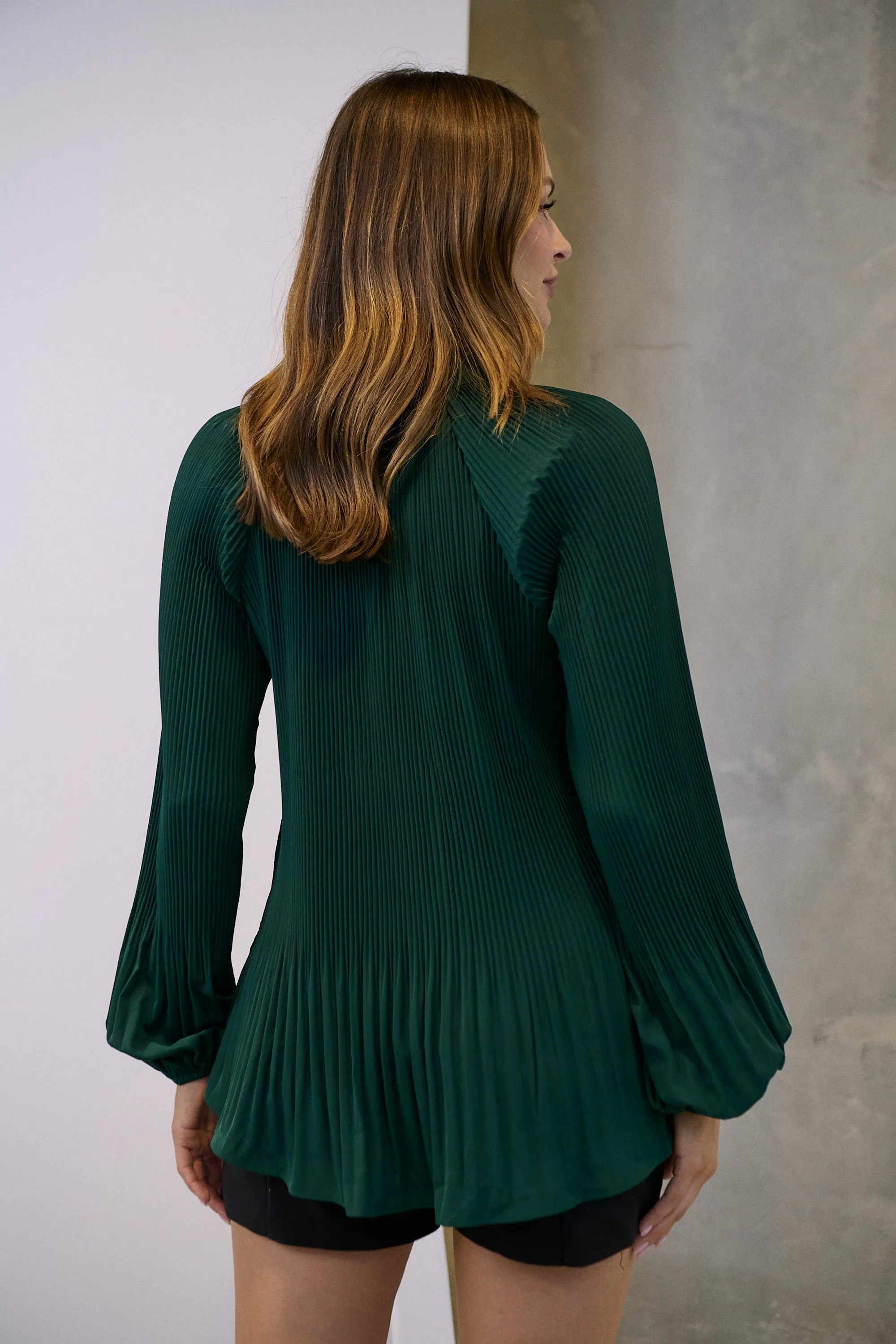 Estrella Pleated Forrest Green Chiffon Tie Neck Shirt