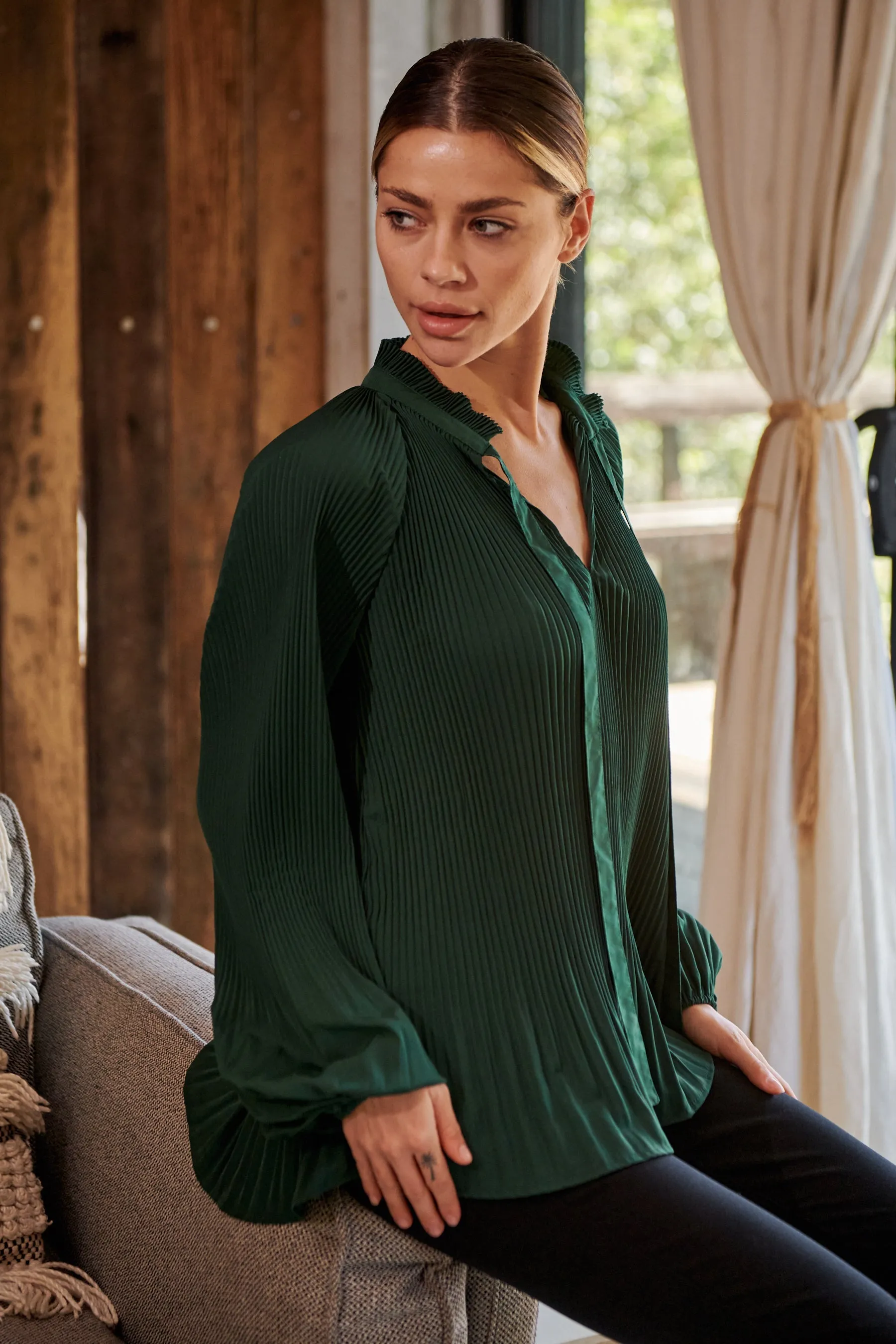 Estrella Pleated Forrest Green Chiffon Tie Neck Shirt