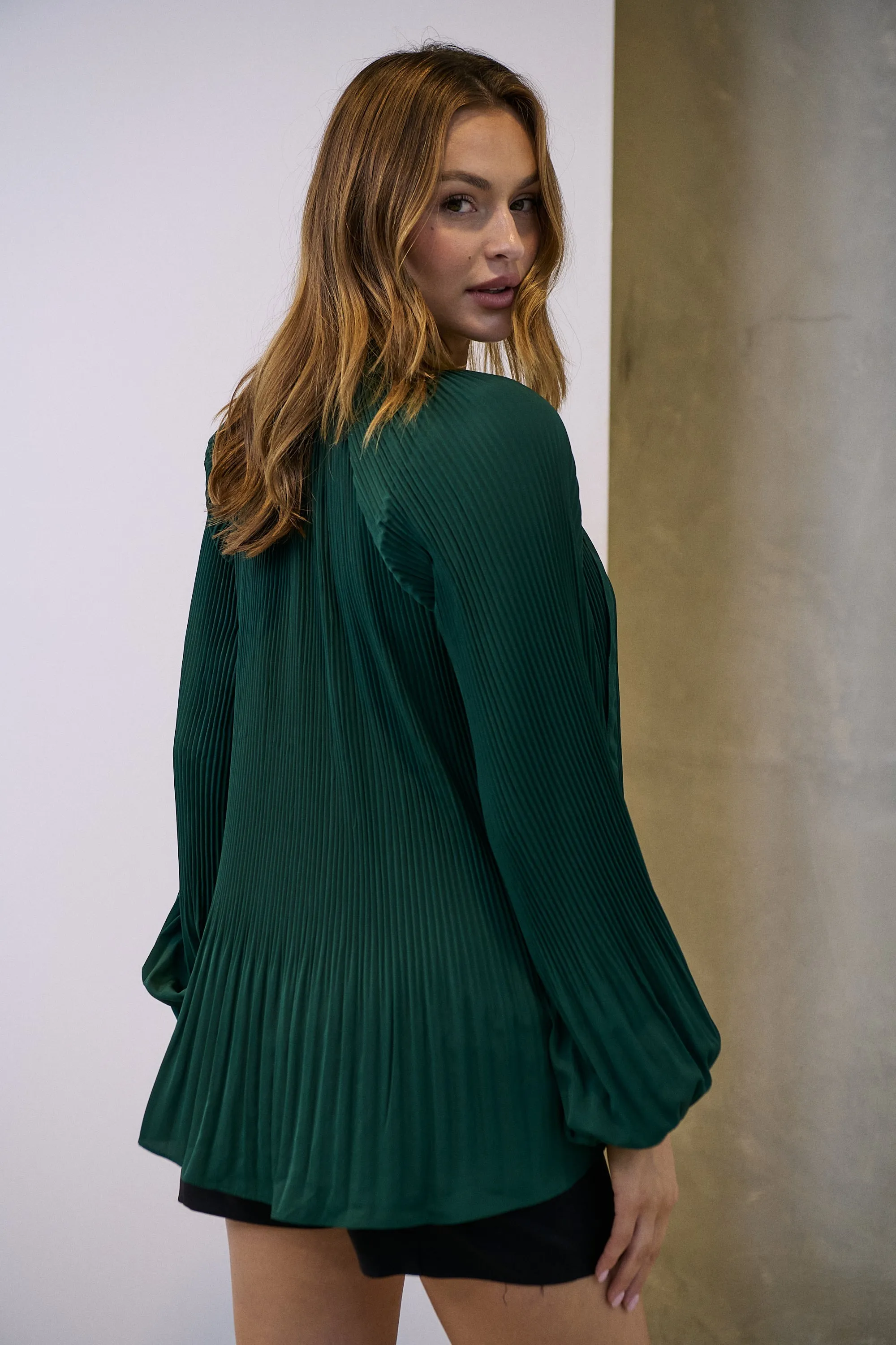 Estrella Pleated Forrest Green Chiffon Tie Neck Shirt