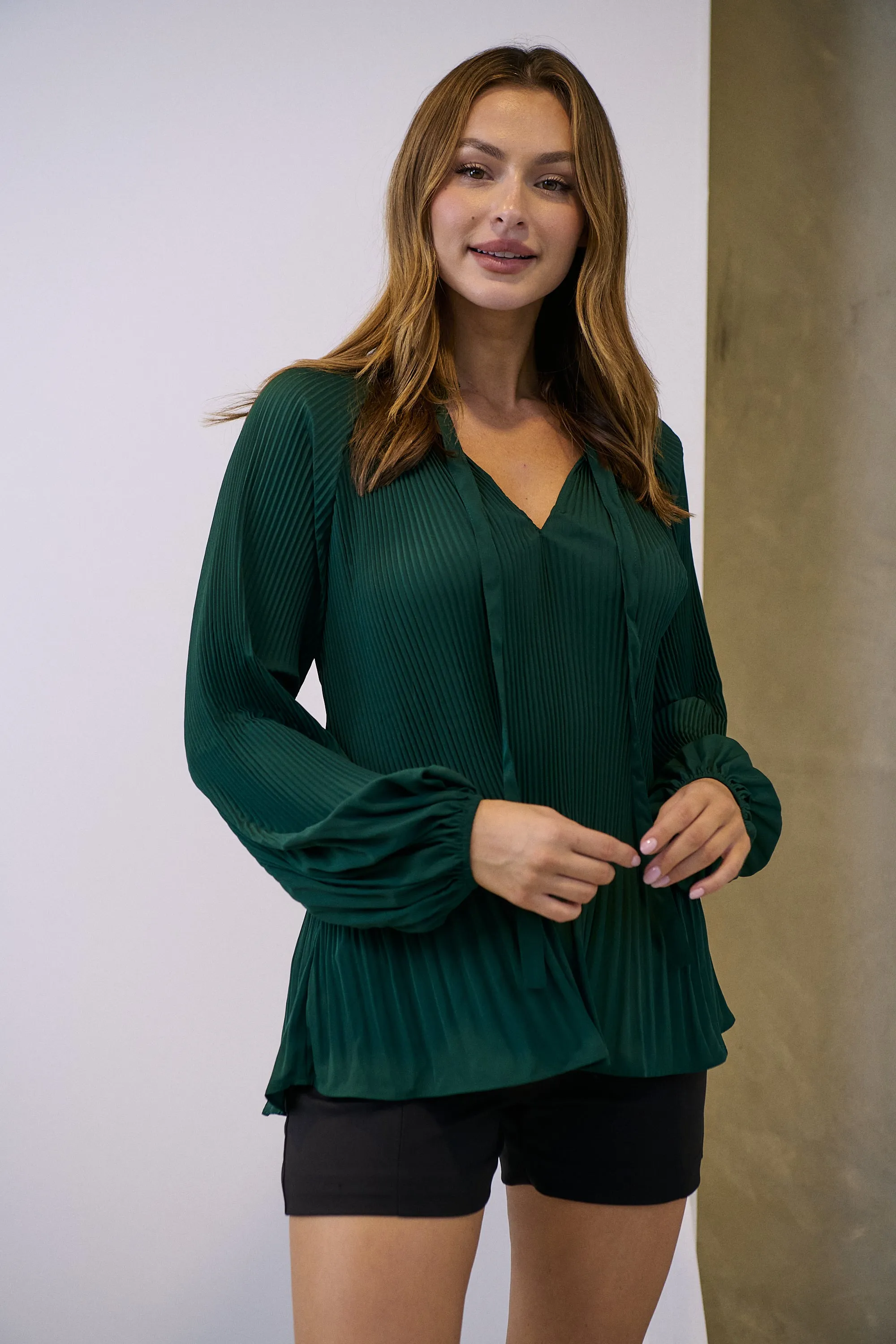 Estrella Pleated Forrest Green Chiffon Tie Neck Shirt