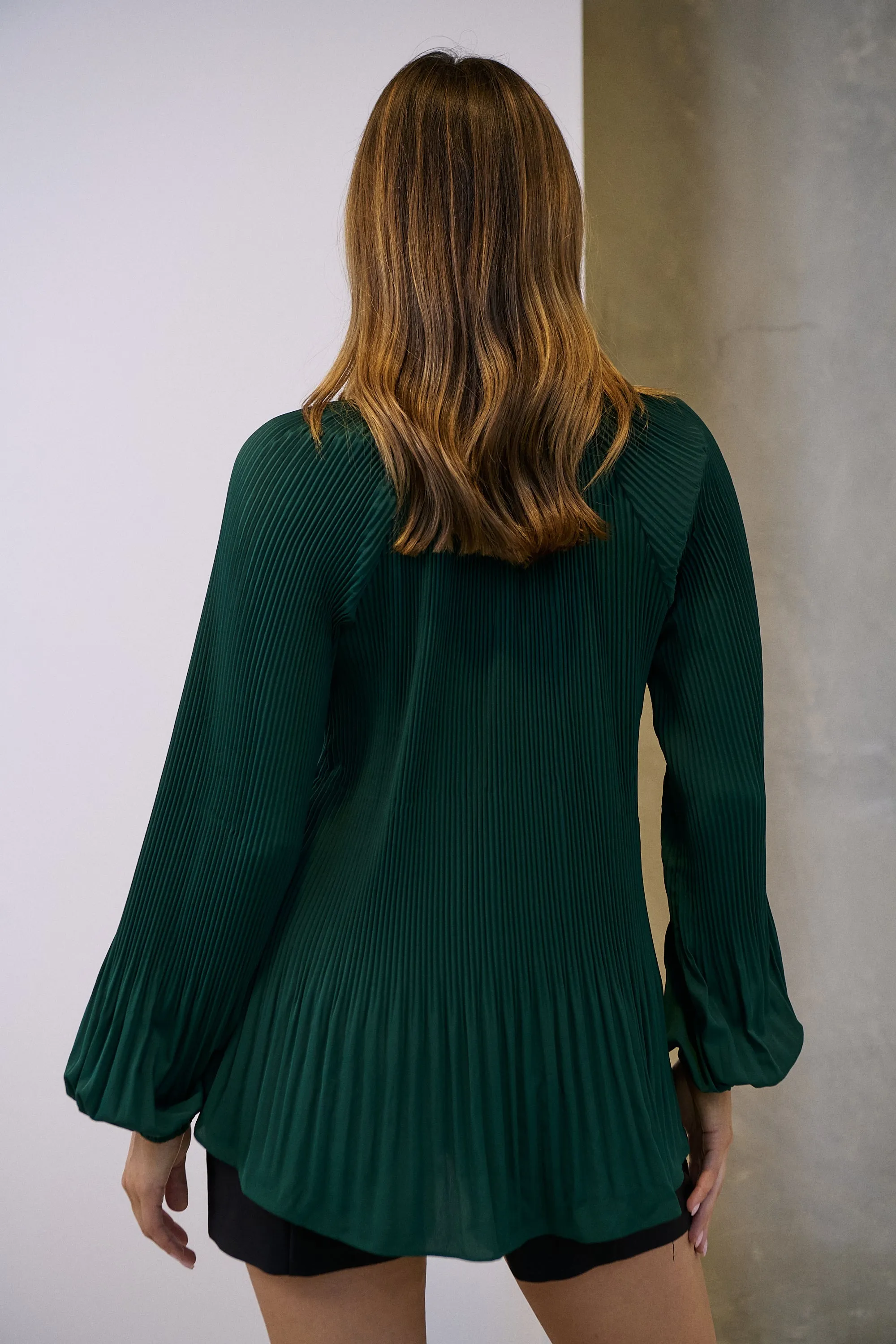 Estrella Pleated Forrest Green Chiffon Tie Neck Shirt