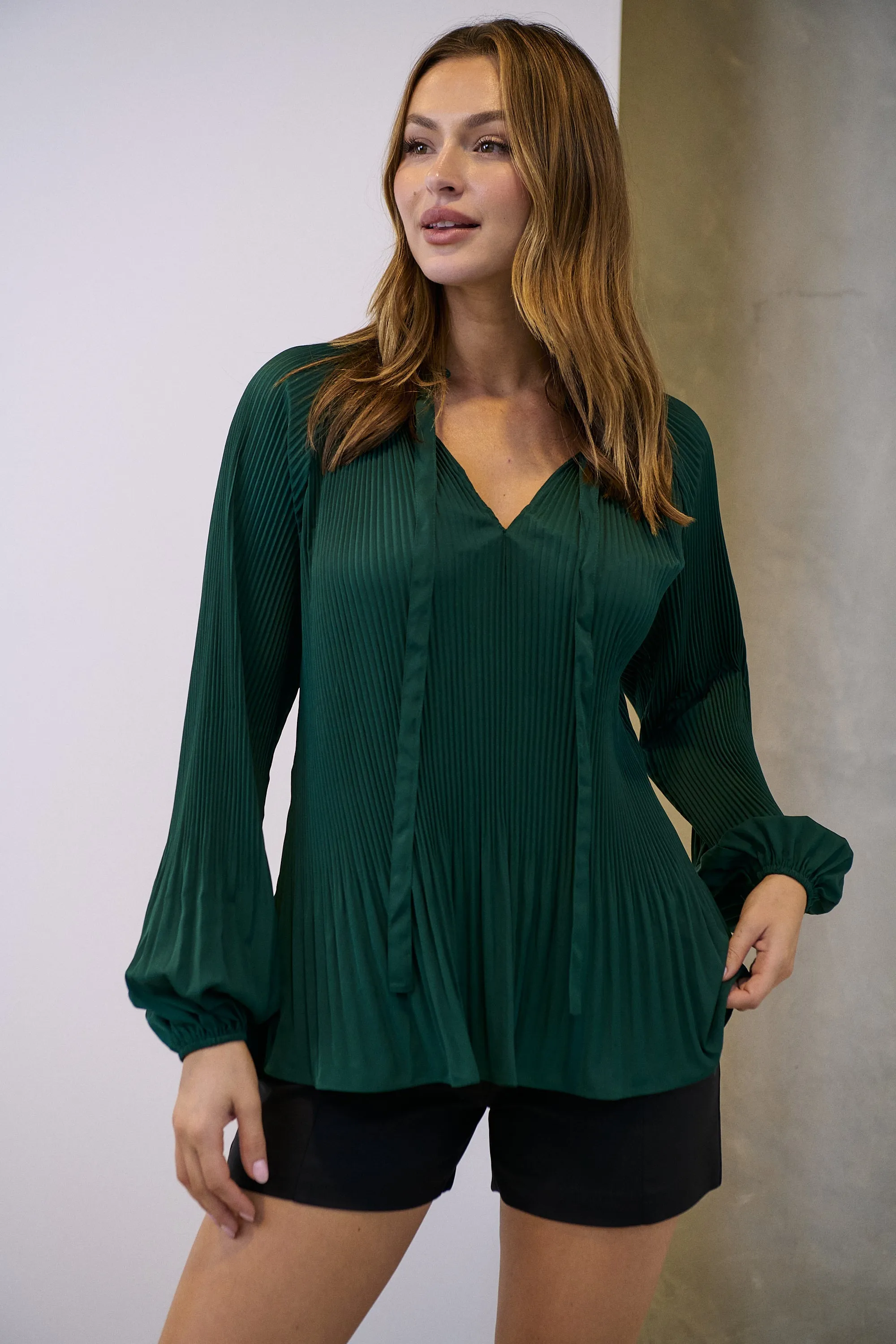 Estrella Pleated Forrest Green Chiffon Tie Neck Shirt