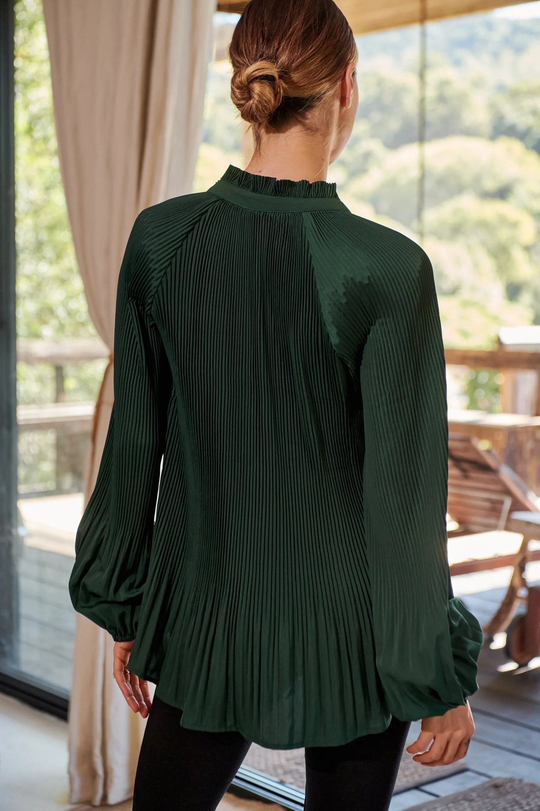 Estrella Pleated Forrest Green Chiffon Tie Neck Shirt