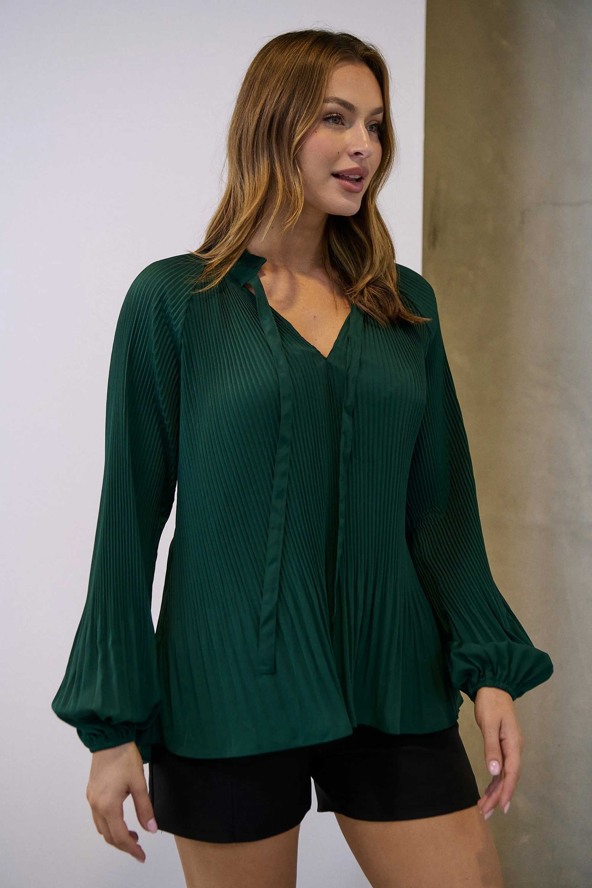 Estrella Pleated Forrest Green Chiffon Tie Neck Shirt