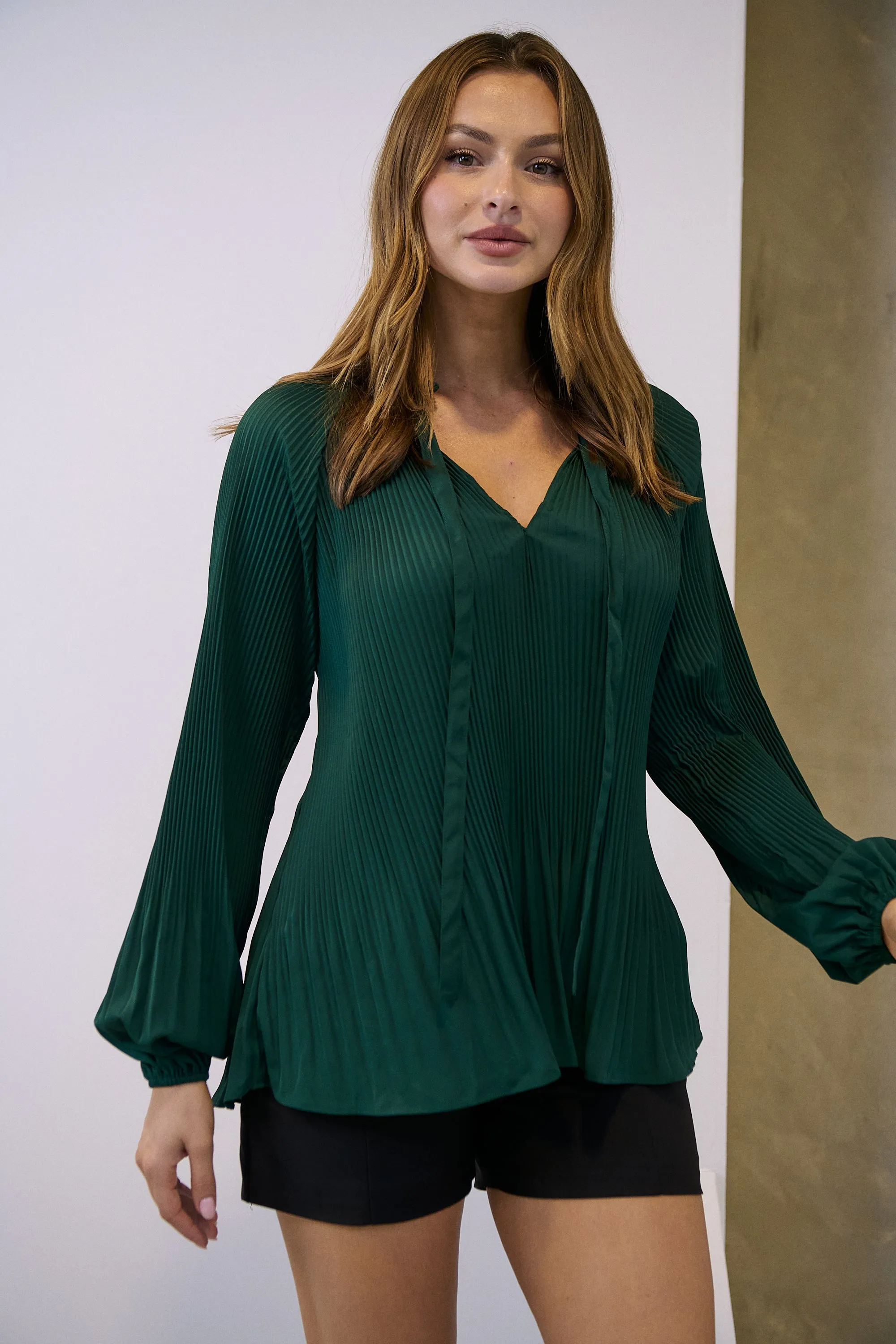 Estrella Pleated Forrest Green Chiffon Tie Neck Shirt