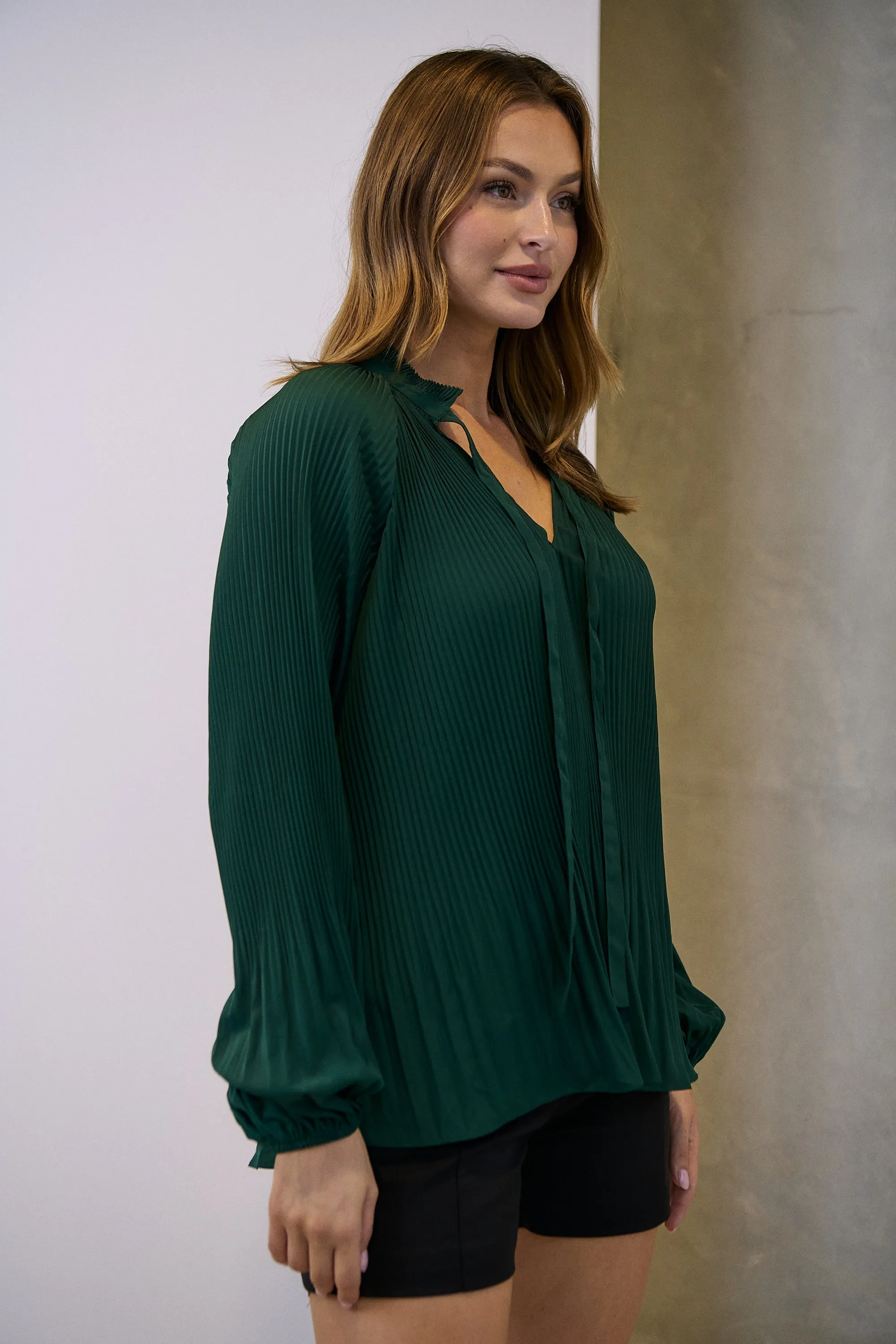 Estrella Pleated Forrest Green Chiffon Tie Neck Shirt