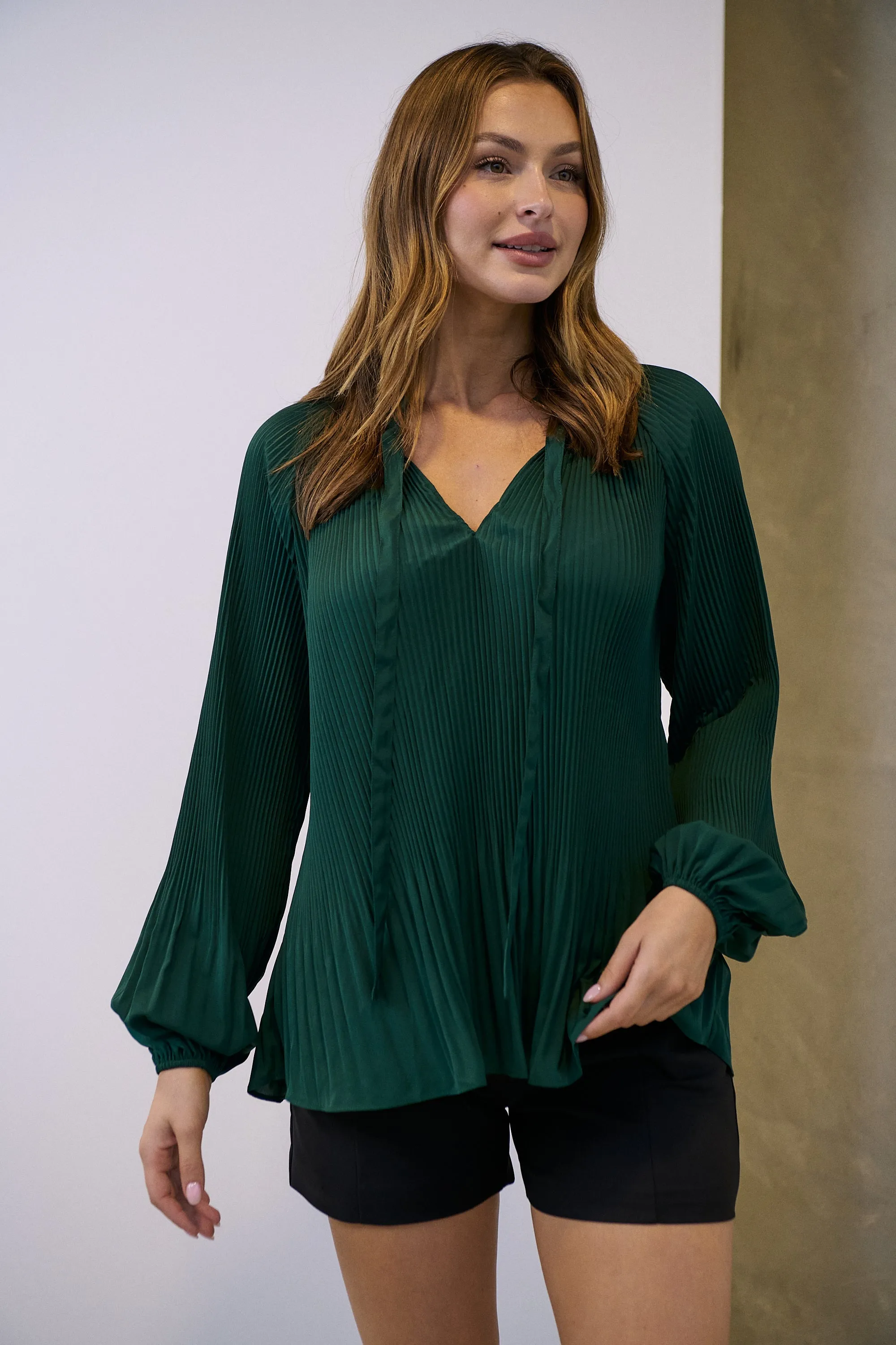 Estrella Pleated Forrest Green Chiffon Tie Neck Shirt