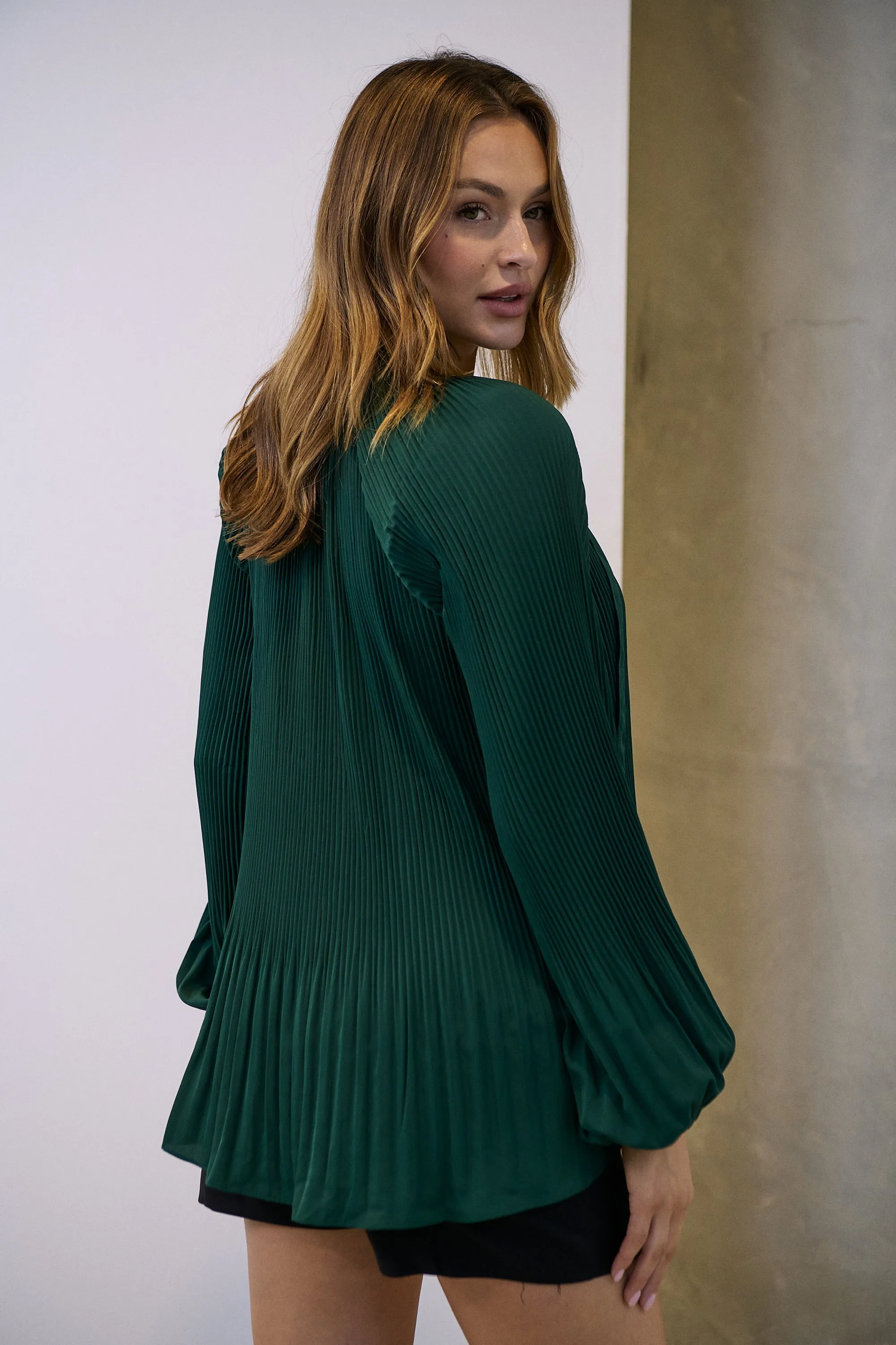 Estrella Pleated Forrest Green Chiffon Tie Neck Shirt