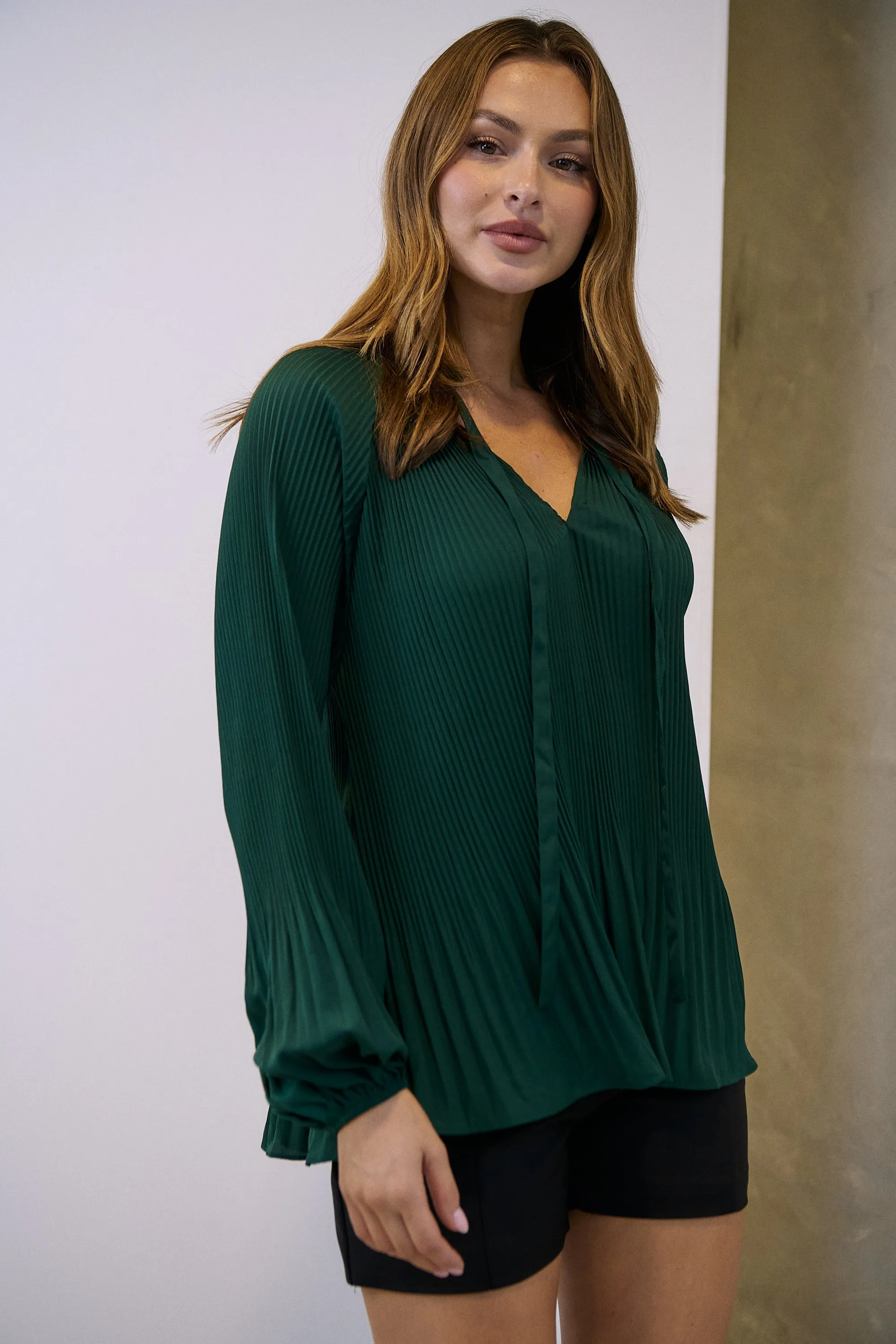 Estrella Pleated Forrest Green Chiffon Tie Neck Shirt