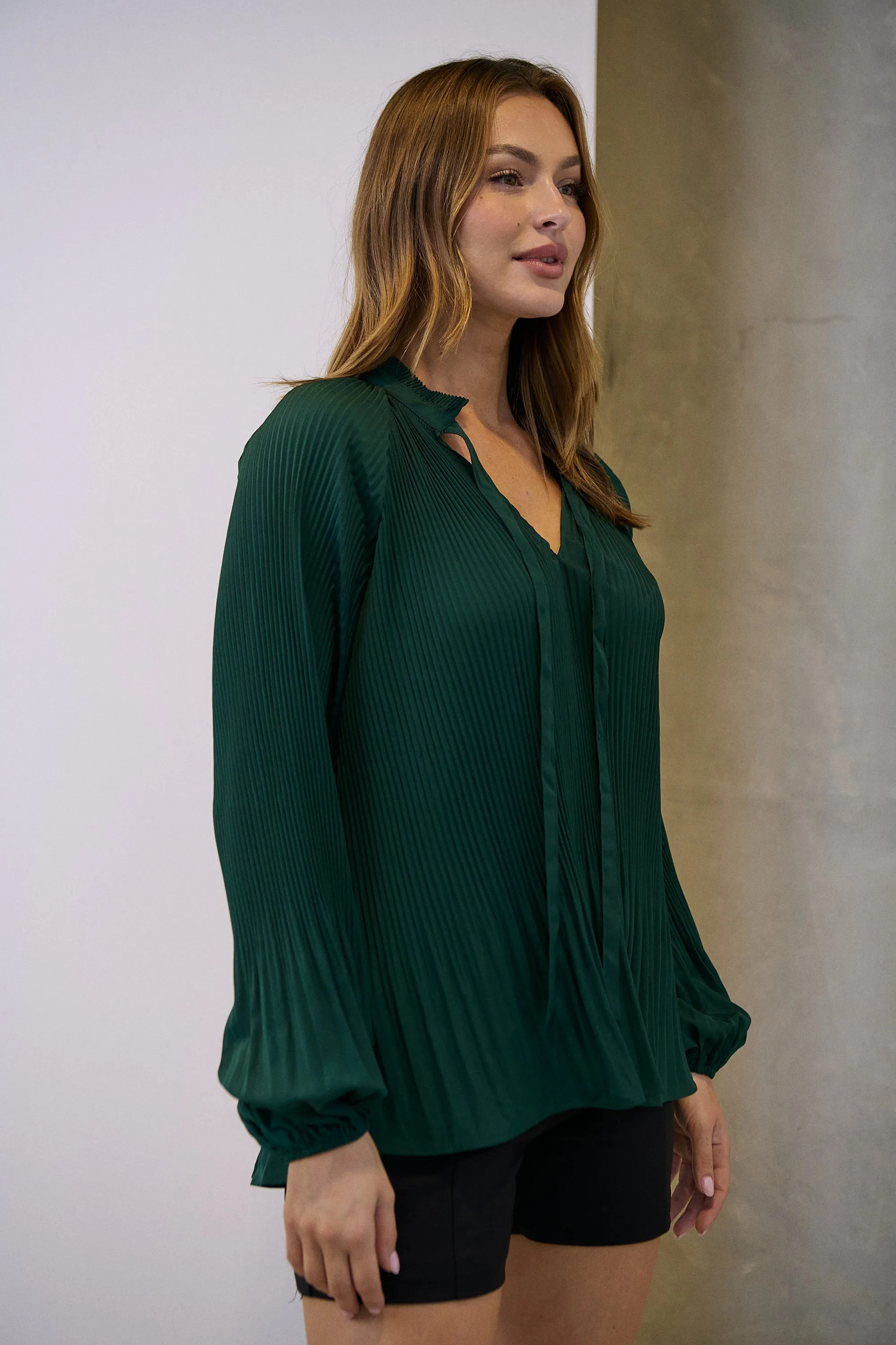 Estrella Pleated Forrest Green Chiffon Tie Neck Shirt