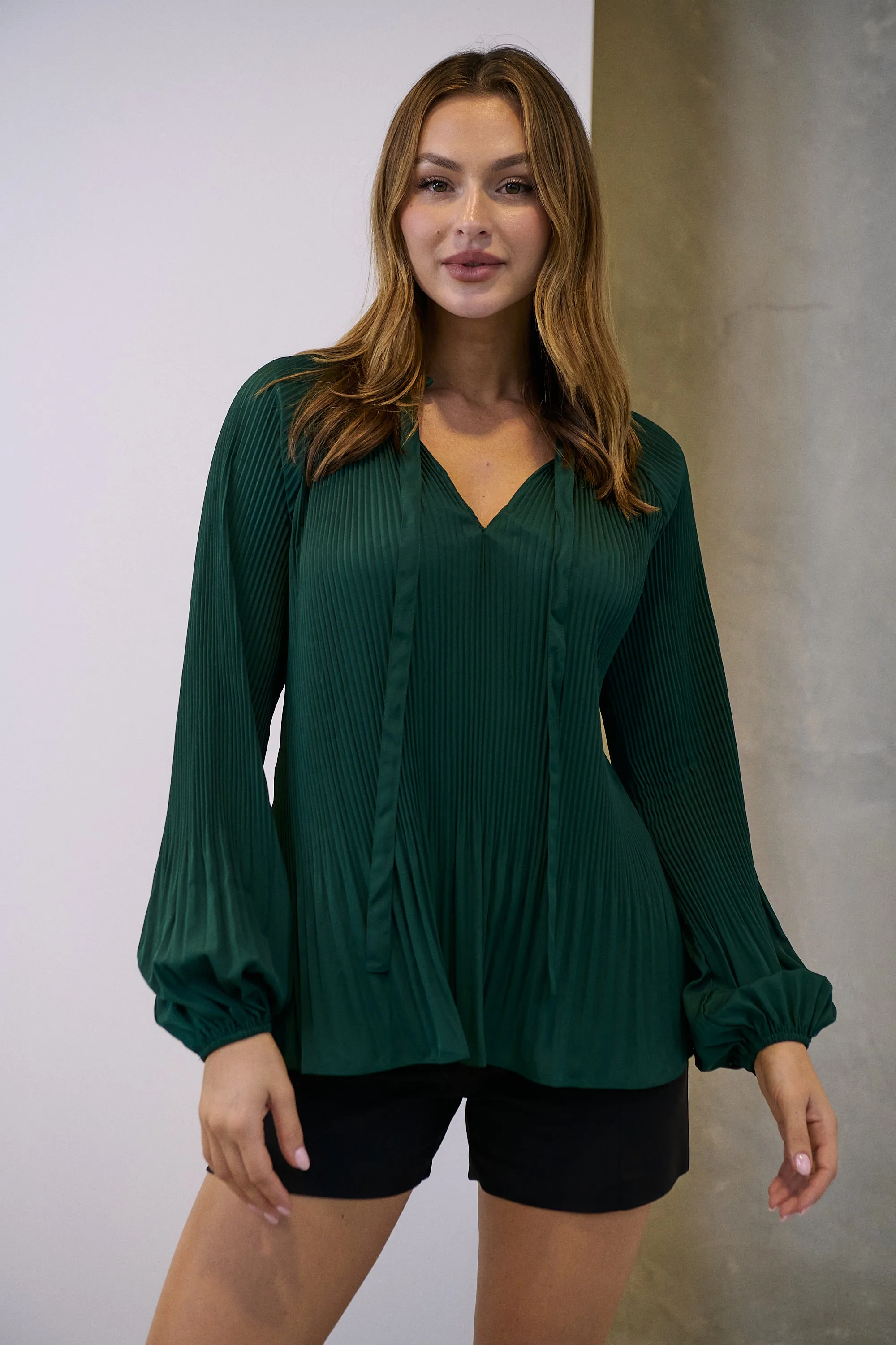 Estrella Pleated Forrest Green Chiffon Tie Neck Shirt