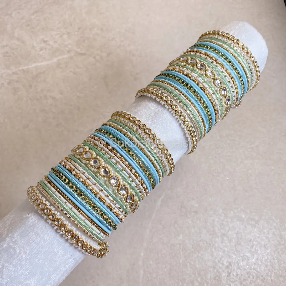 Faux Kundan Jhumka Bangle Set - Aqua Multi Shade