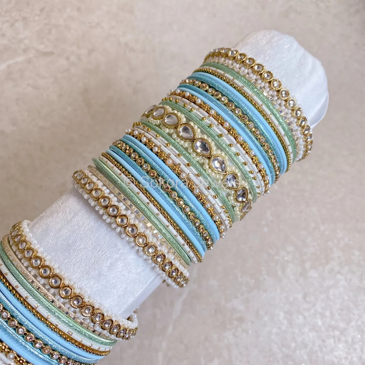 Faux Kundan Jhumka Bangle Set - Aqua Multi Shade