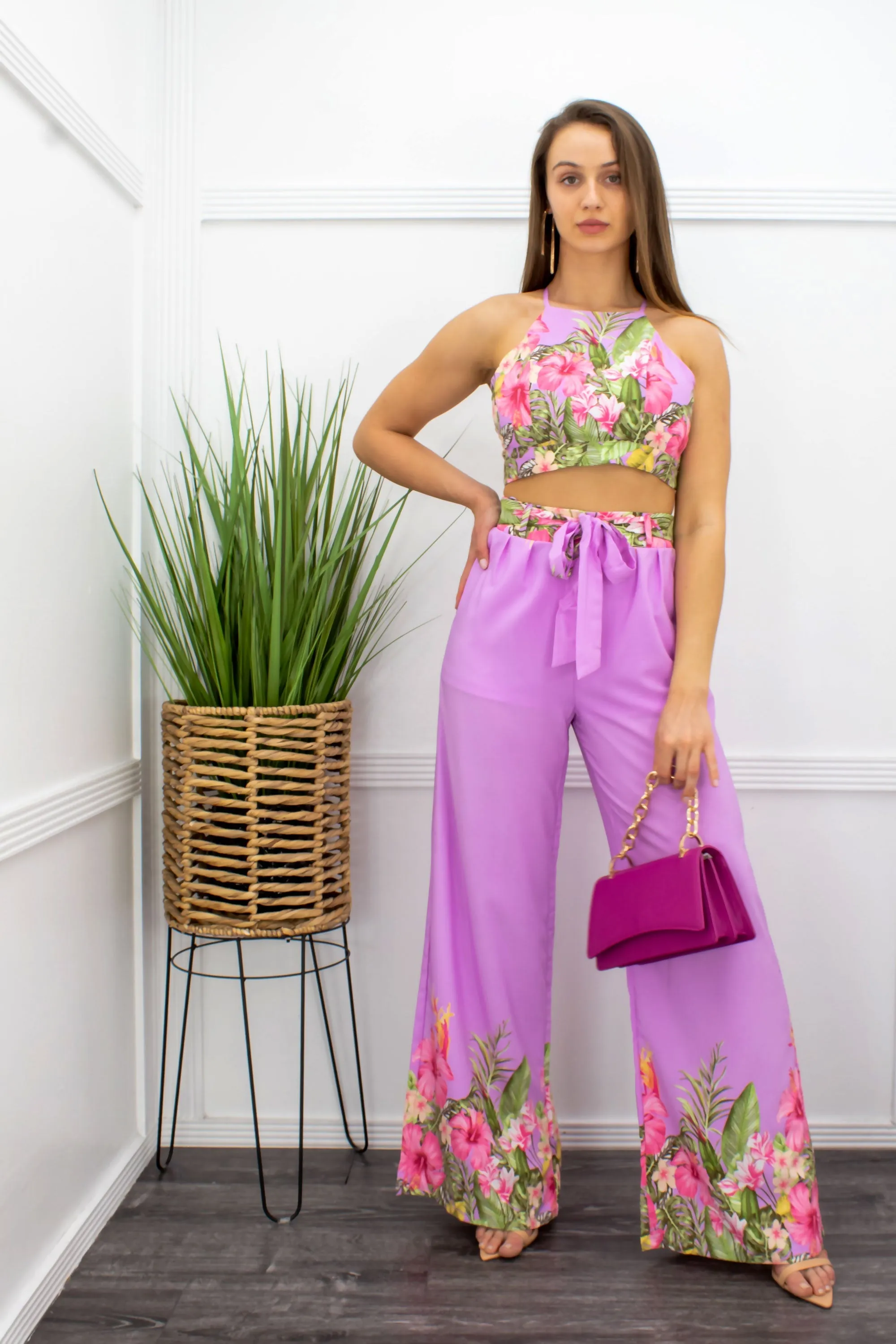 Floral Tie Back Crop Top Pant Set