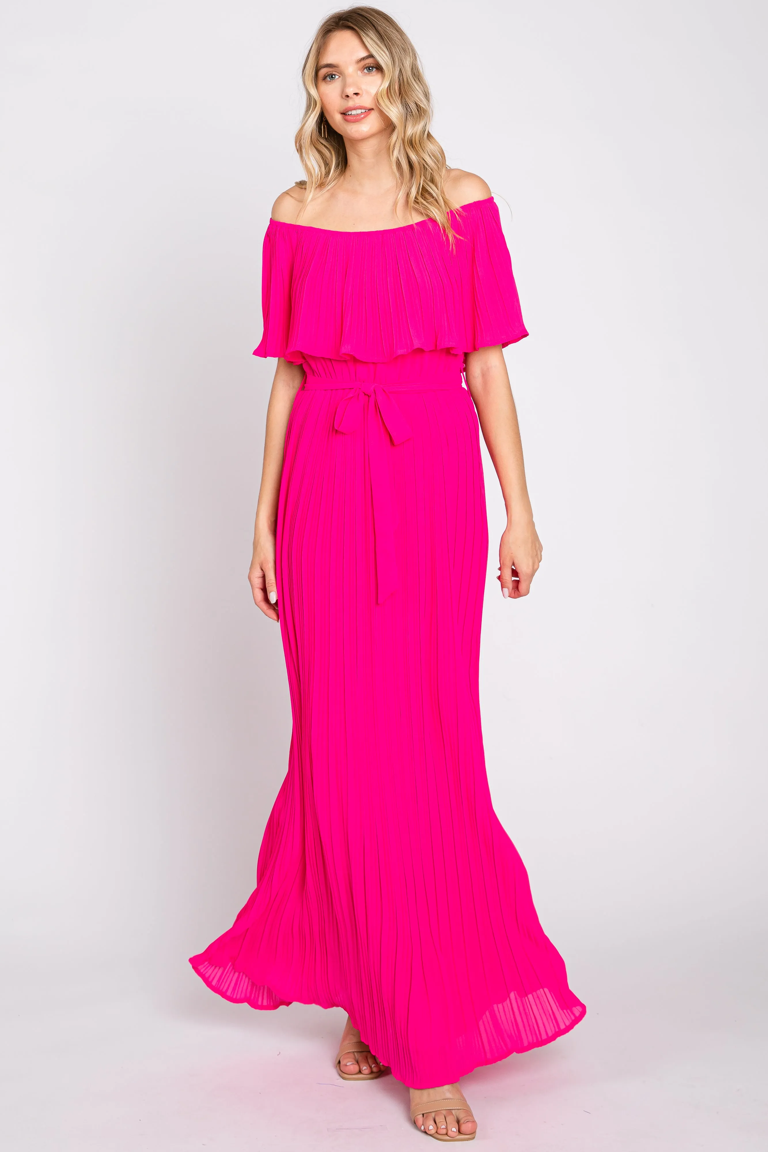 Fuchsia Pleated Off Shoulder Maxi Dress