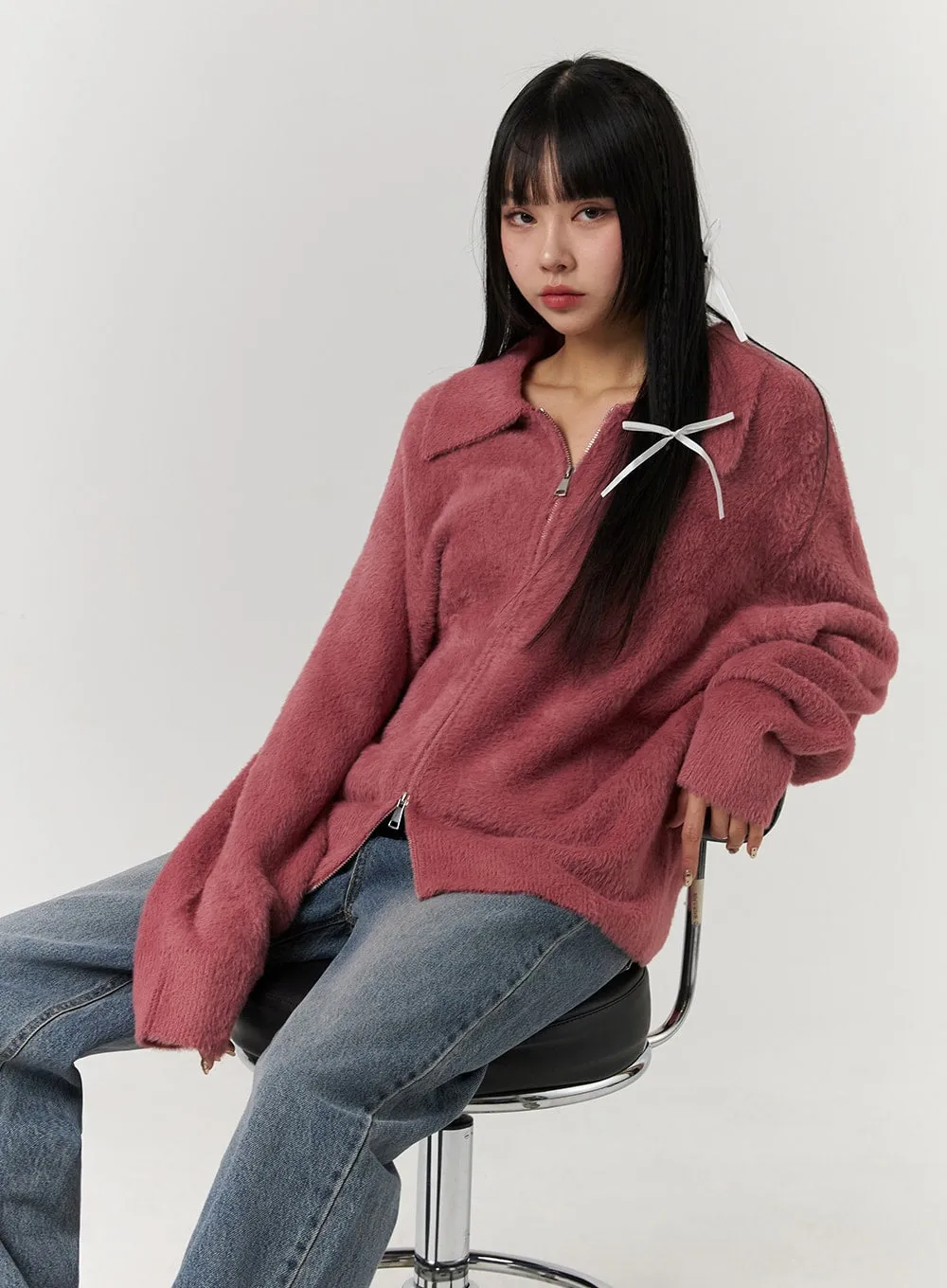 Fuzzy Knitted Zip-Up Jacket (UNISEX) CJ405