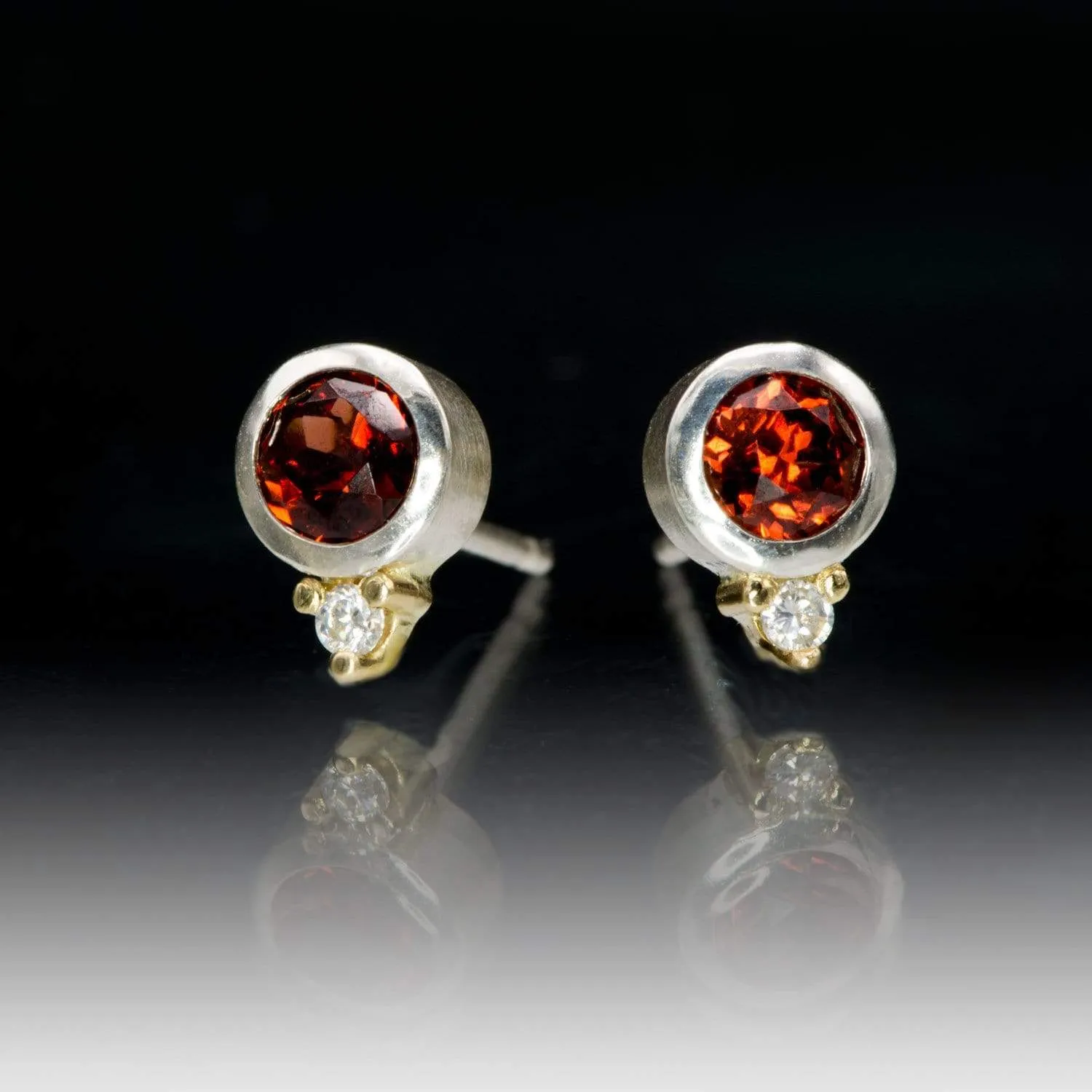 Garnet Bezel Set Sterling Silver Stud Earrings With Yellow Gold Moissanite Accents