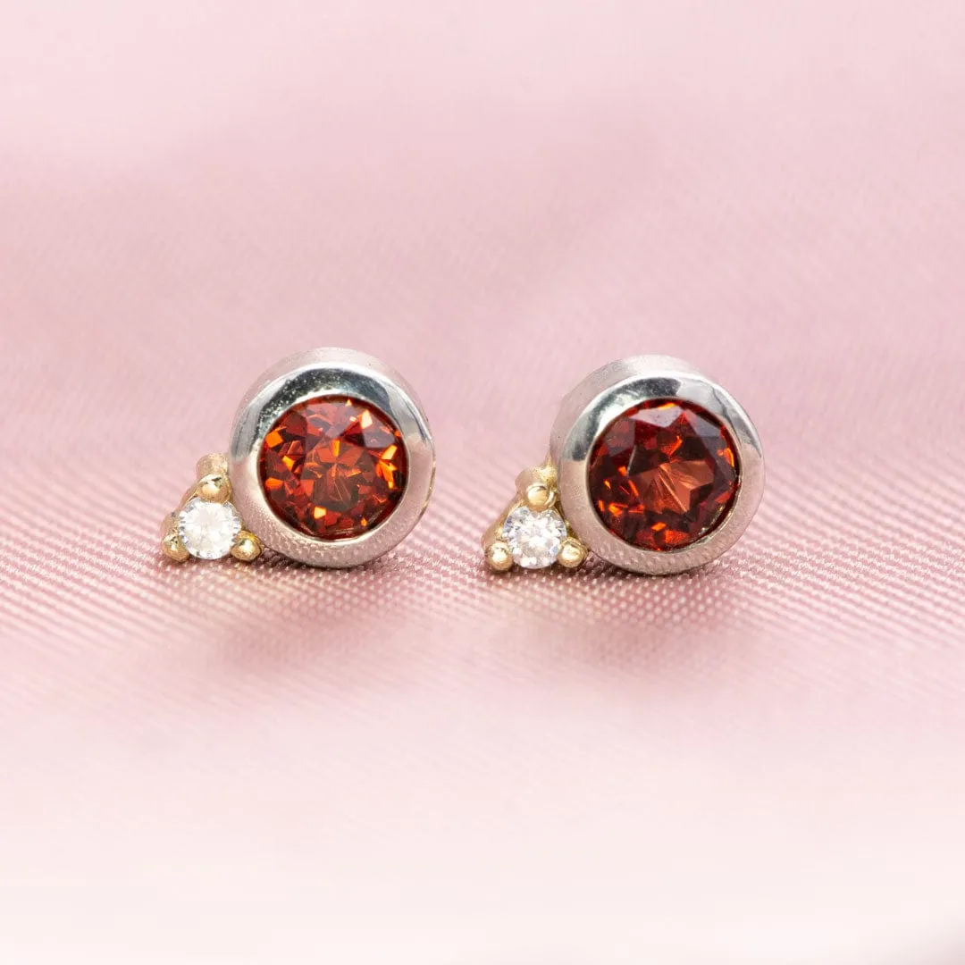 Garnet Bezel Set Sterling Silver Stud Earrings With Yellow Gold Moissanite Accents