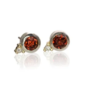 Garnet Bezel Set Sterling Silver Stud Earrings With Yellow Gold Moissanite Accents