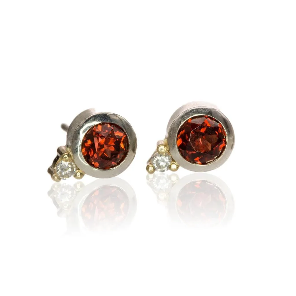 Garnet Bezel Set Sterling Silver Stud Earrings With Yellow Gold Moissanite Accents