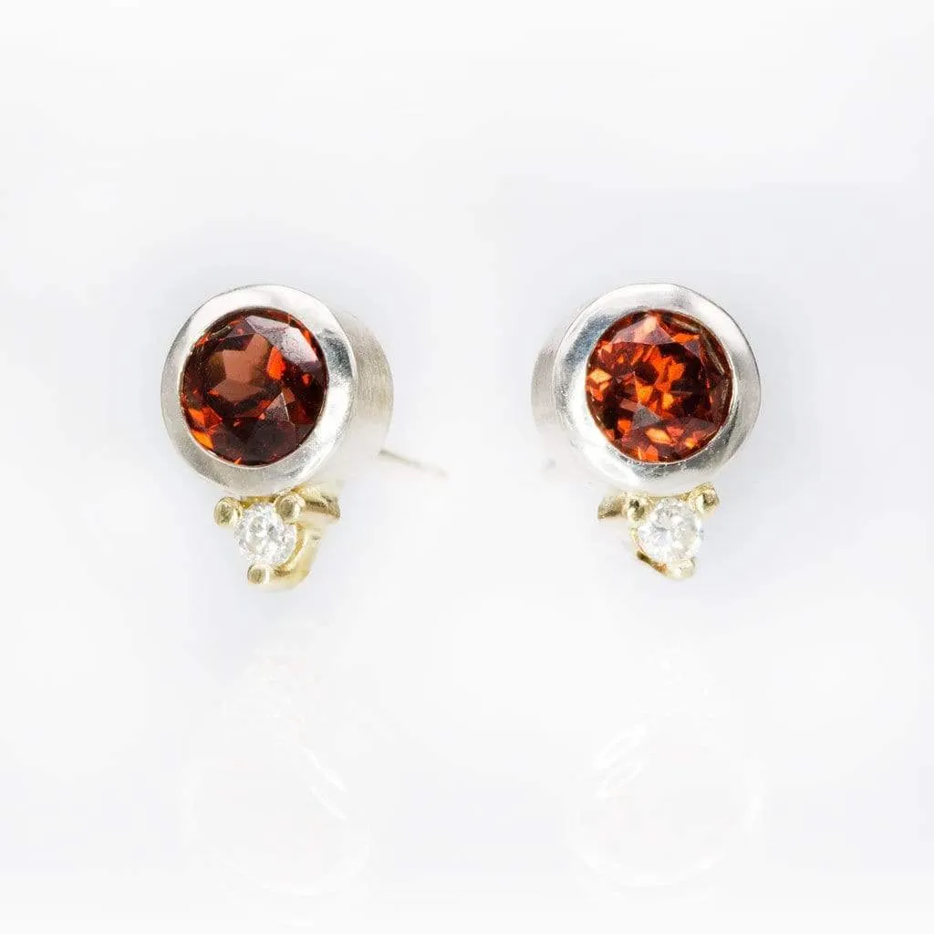 Garnet Bezel Set Sterling Silver Stud Earrings With Yellow Gold Moissanite Accents