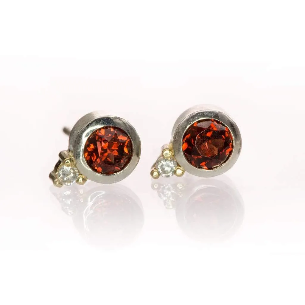 Garnet Bezel Set Sterling Silver Stud Earrings With Yellow Gold Moissanite Accents