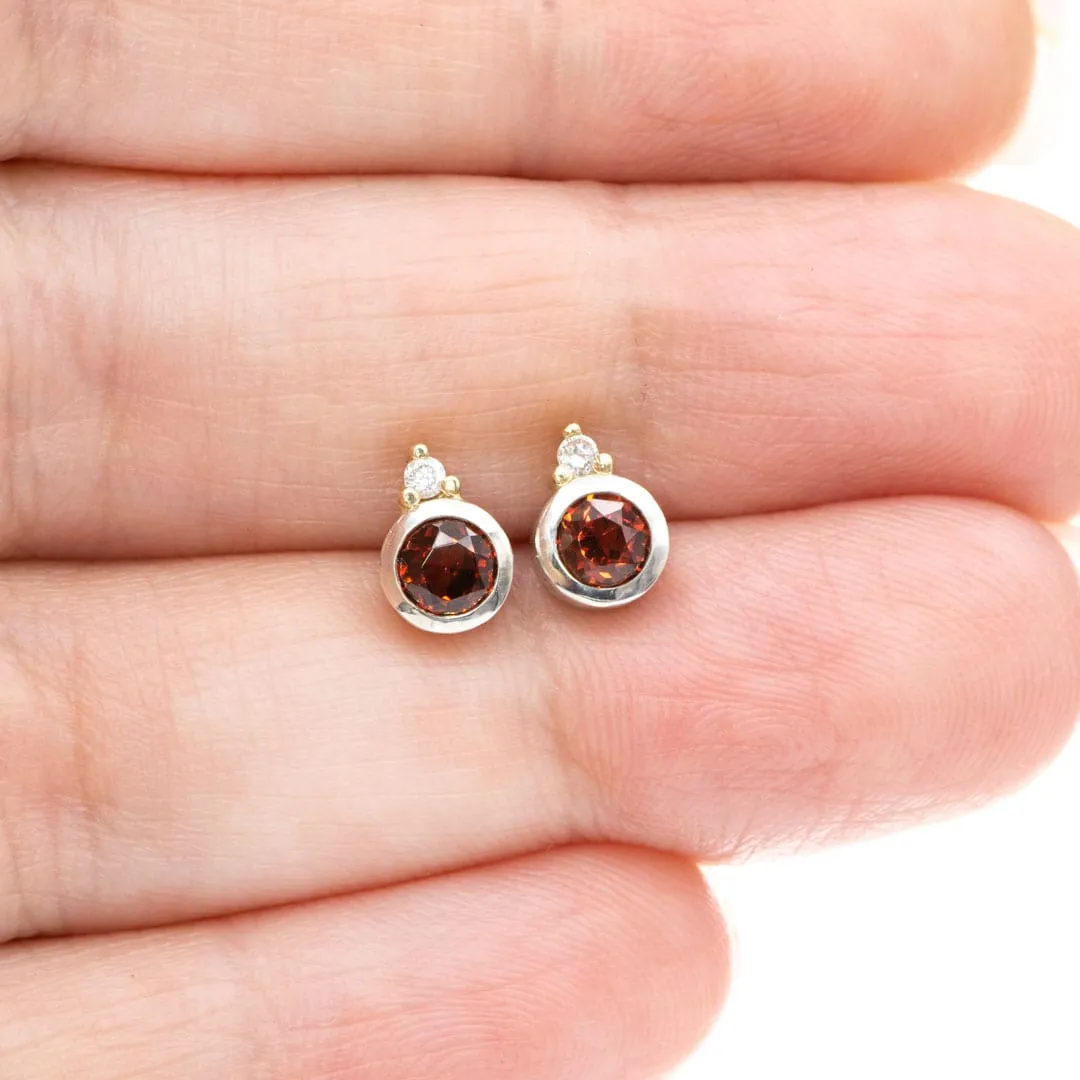 Garnet Bezel Set Sterling Silver Stud Earrings With Yellow Gold Moissanite Accents