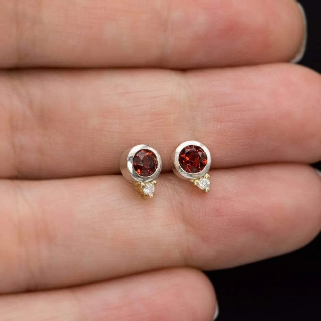 Garnet Bezel Set Sterling Silver Stud Earrings With Yellow Gold Moissanite Accents