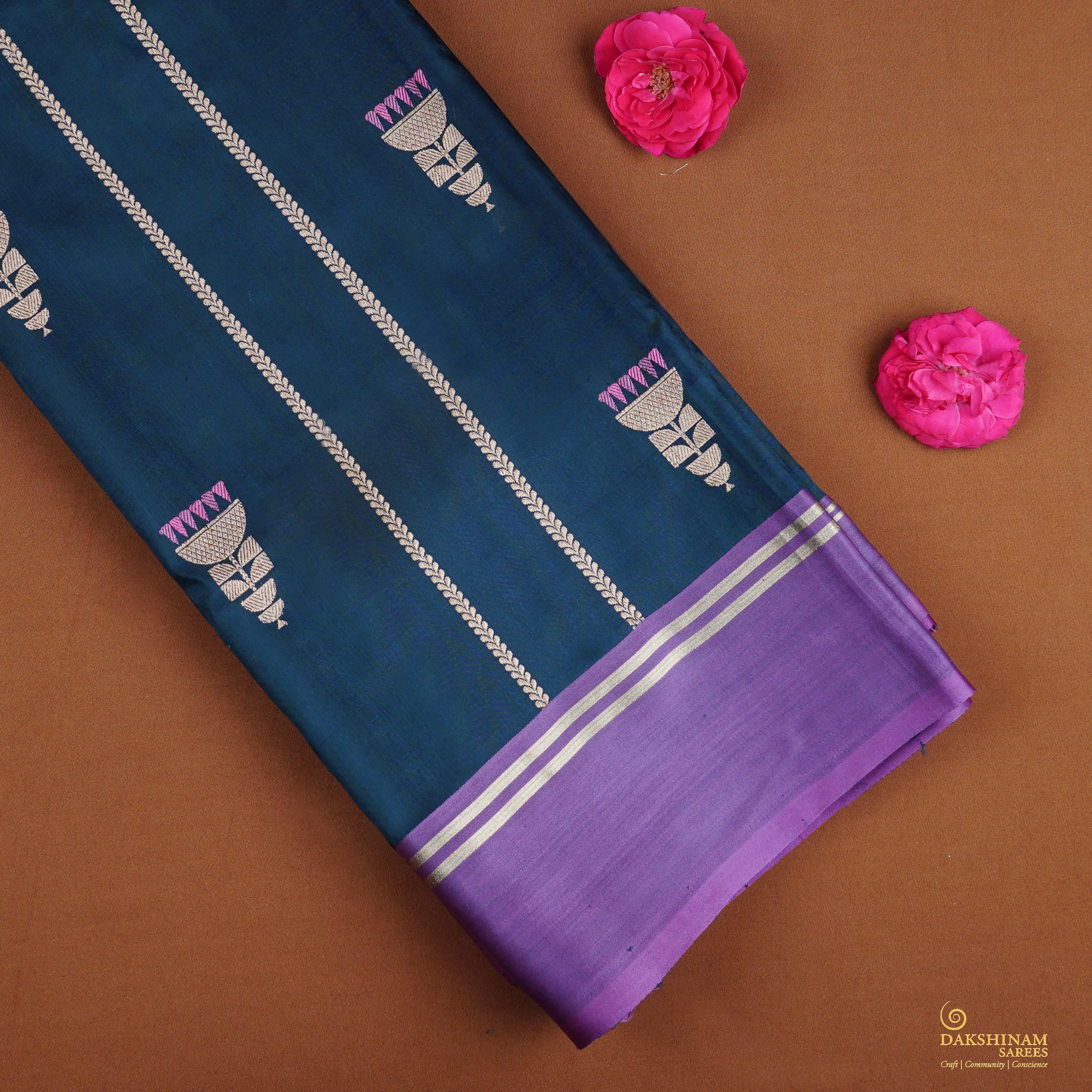 Handwoven Green with Purple Banarasi Silk Saree - 1954T009366DSC