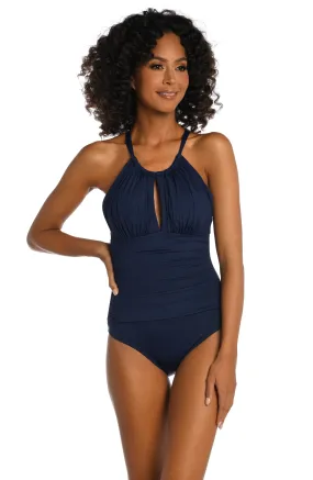 Island Goddess High Neck Keyhole One Piece - Indigo