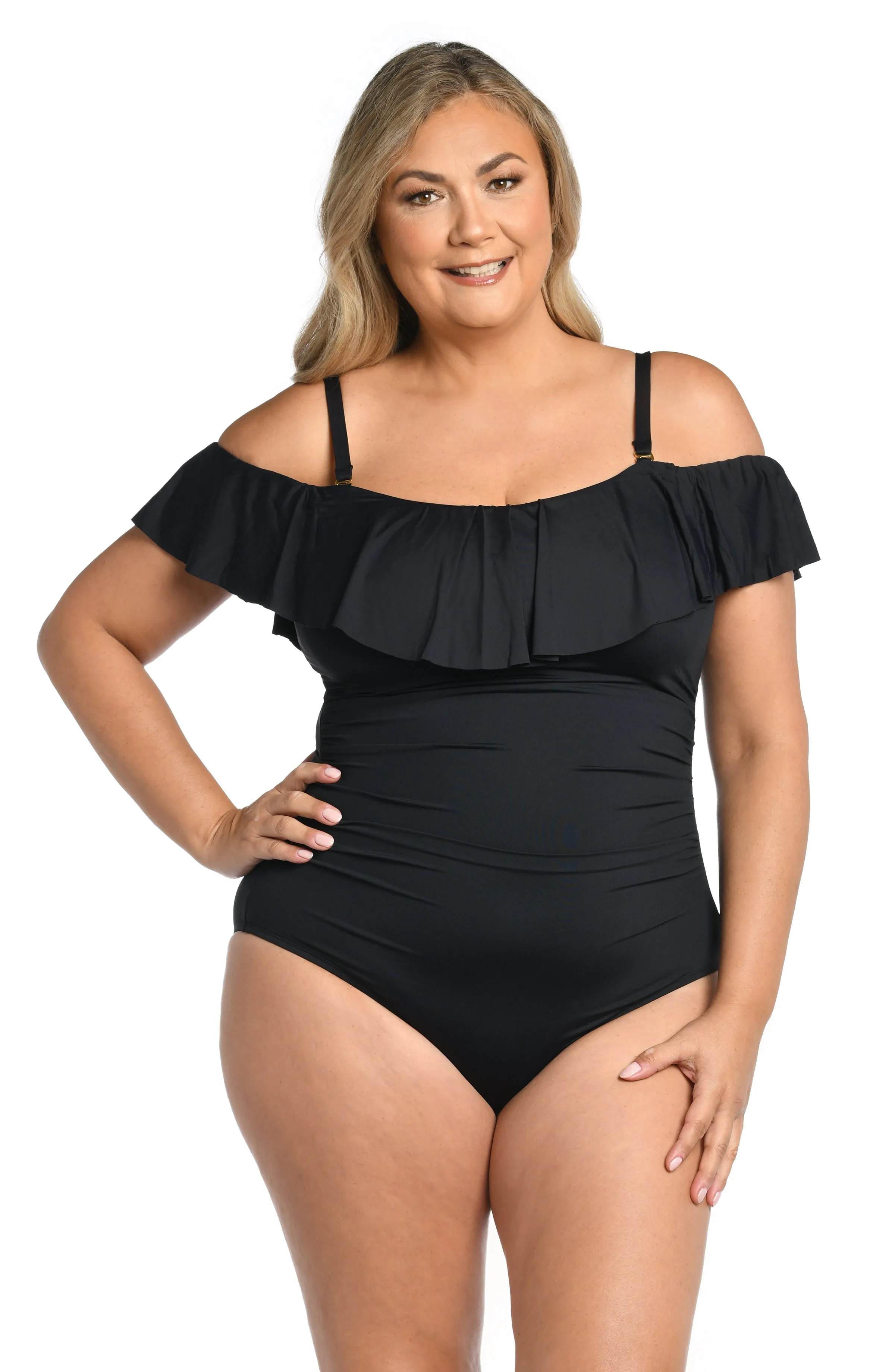 Island Goddess Off Shoulder Ruffle One Piece - Black