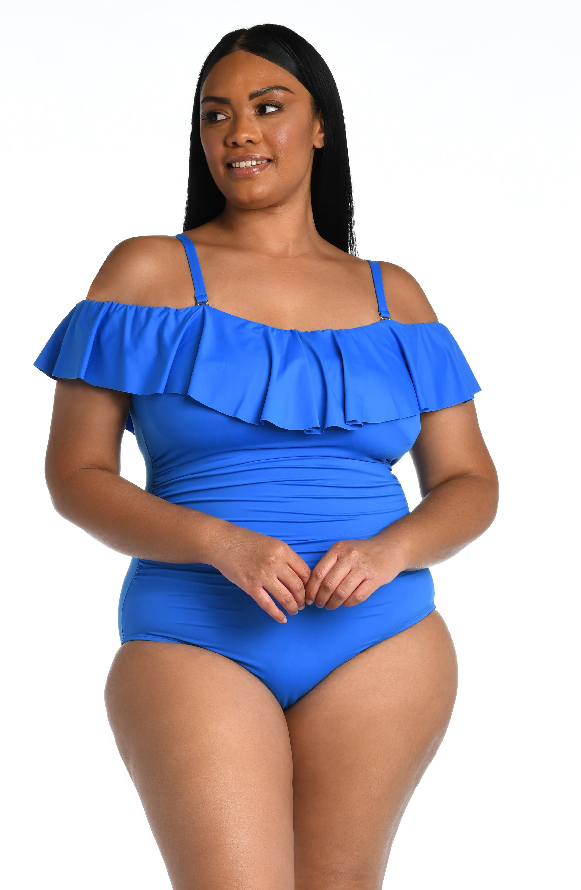 Island Goddess Off Shoulder Ruffle One Piece - Capri Blue - FINAL SALE