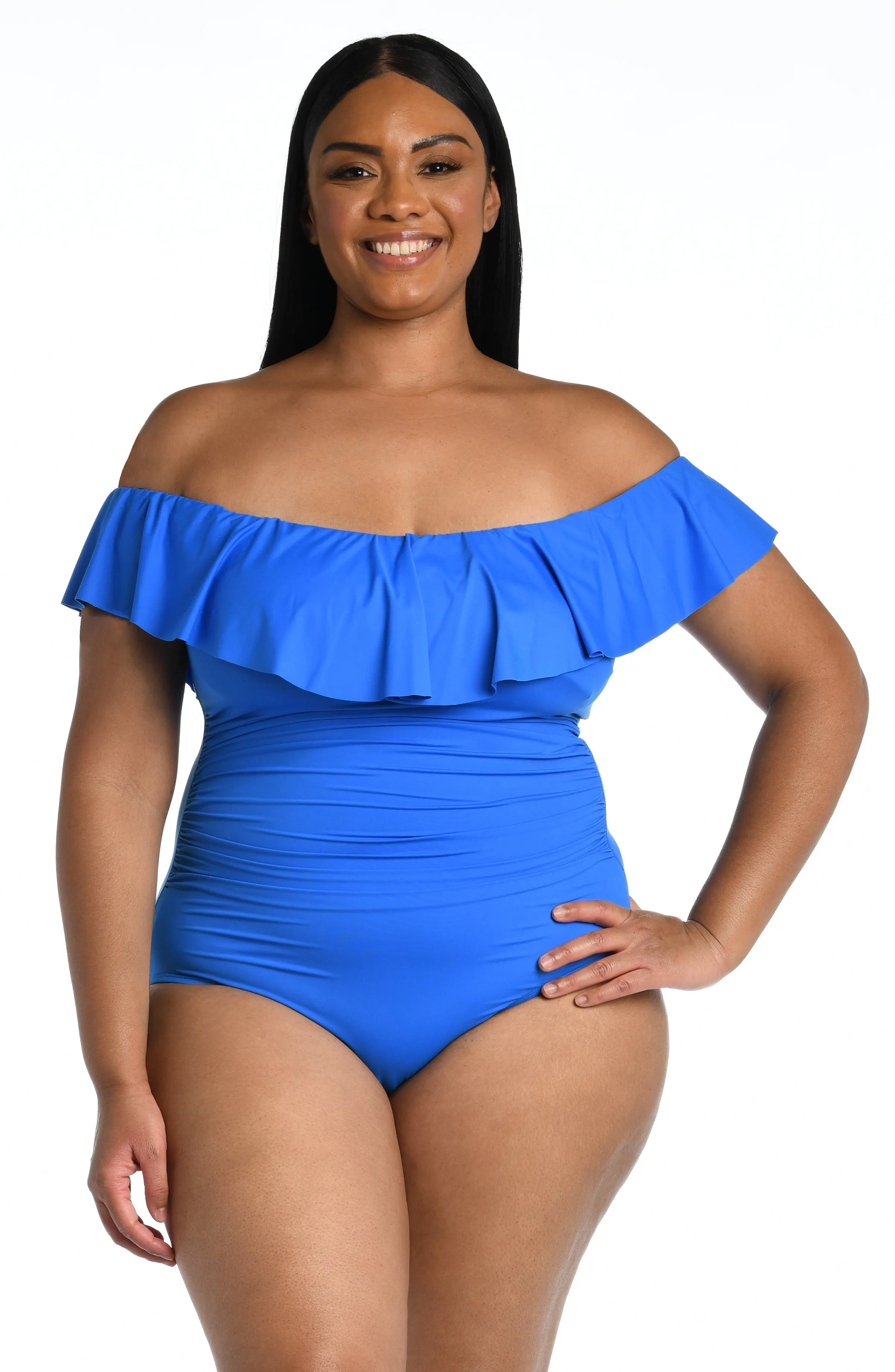 Island Goddess Off Shoulder Ruffle One Piece - Capri Blue - FINAL SALE