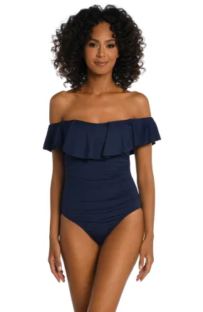 Island Goddess Off Shoulder Ruffle One Piece - Indigo