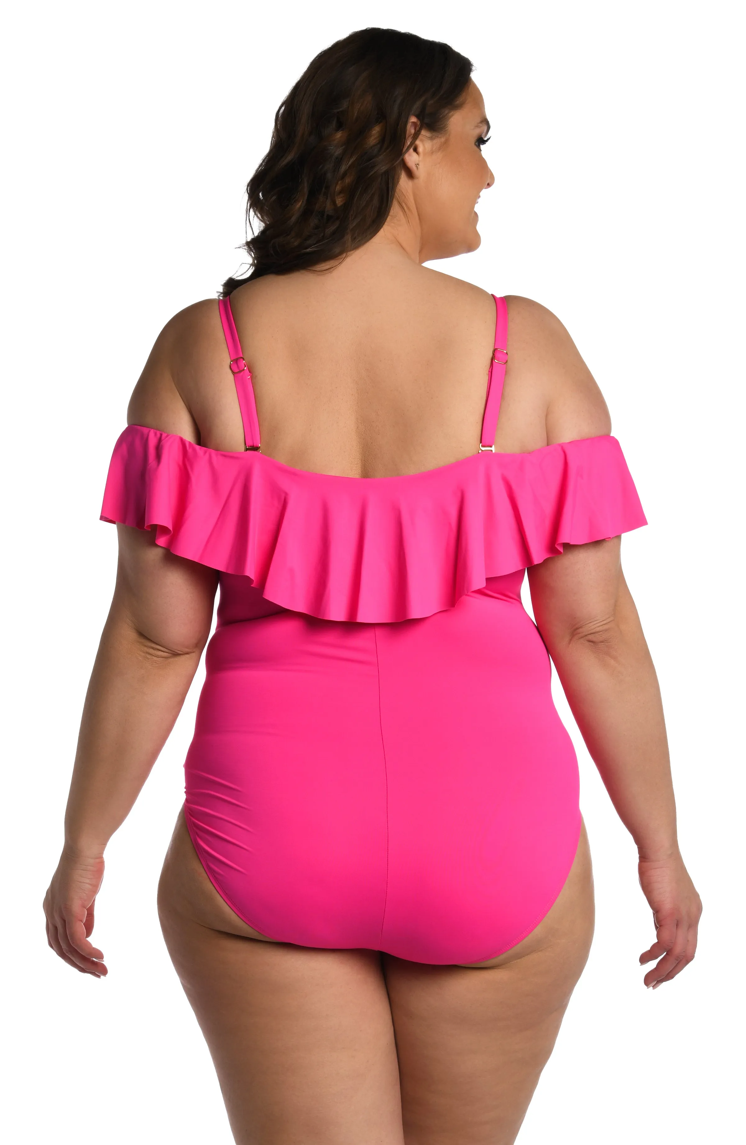 Island Goddess Off Shoulder Ruffle One Piece - Pop Pink