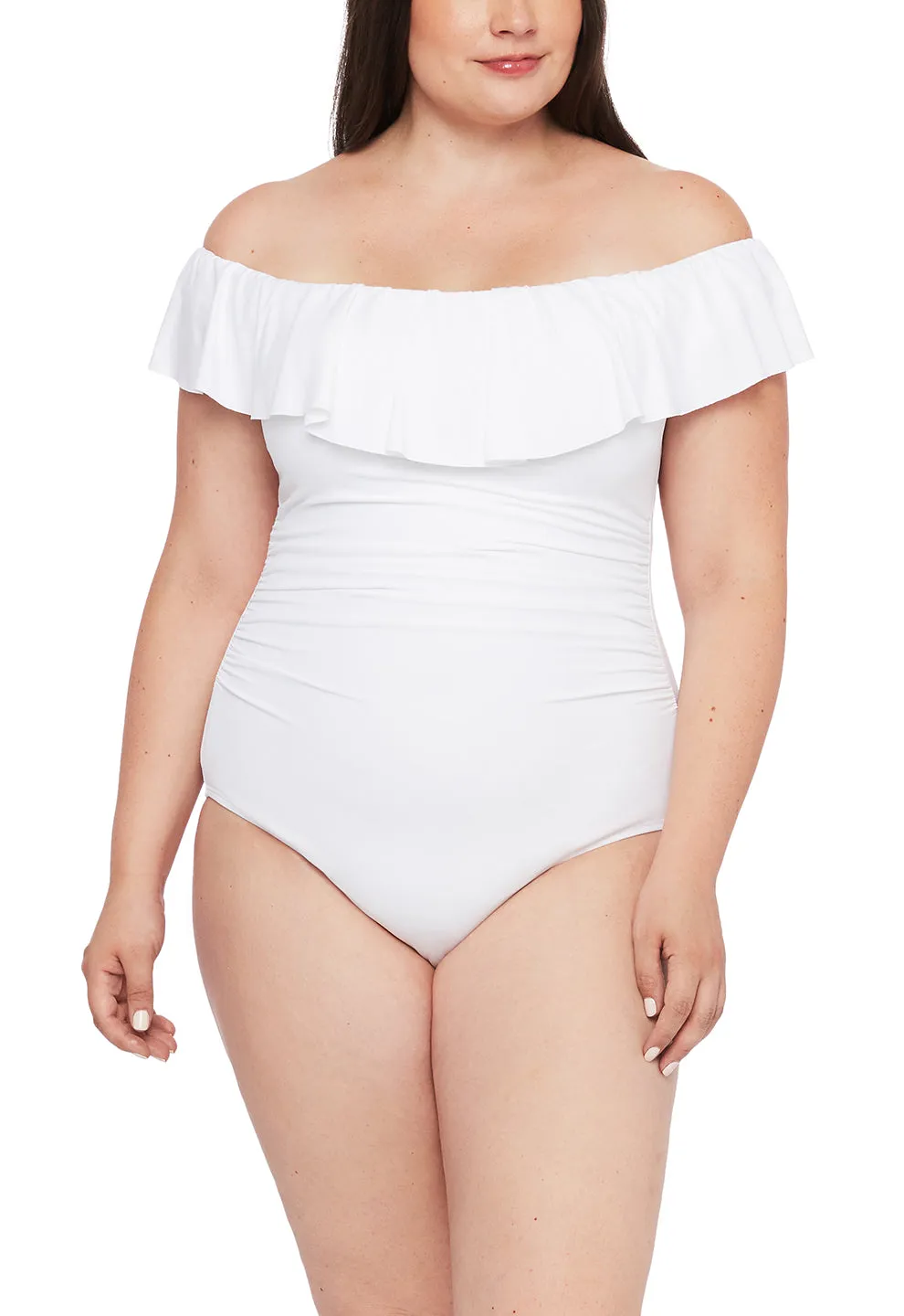 Island Goddess Off Shoulder Ruffle One Piece - White