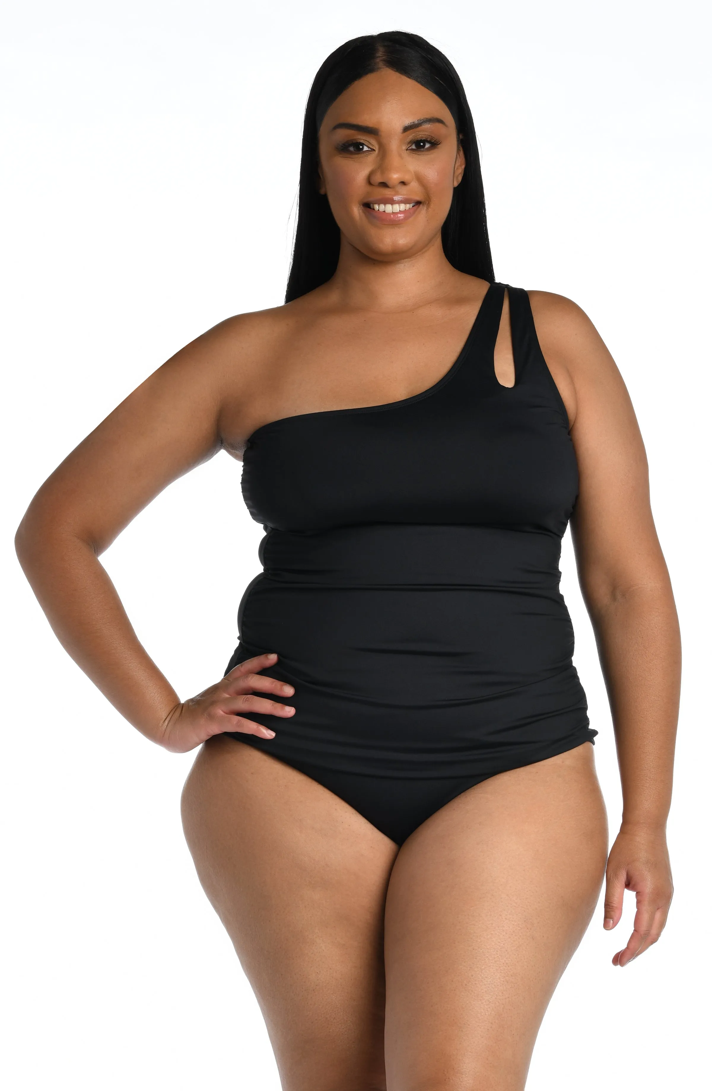 Island Goddess One Shoulder Keyhole Tankini Top - Black