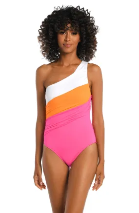 Island Goddess Shirred One Shoulder One Piece - Tangerine - FINAL SALE