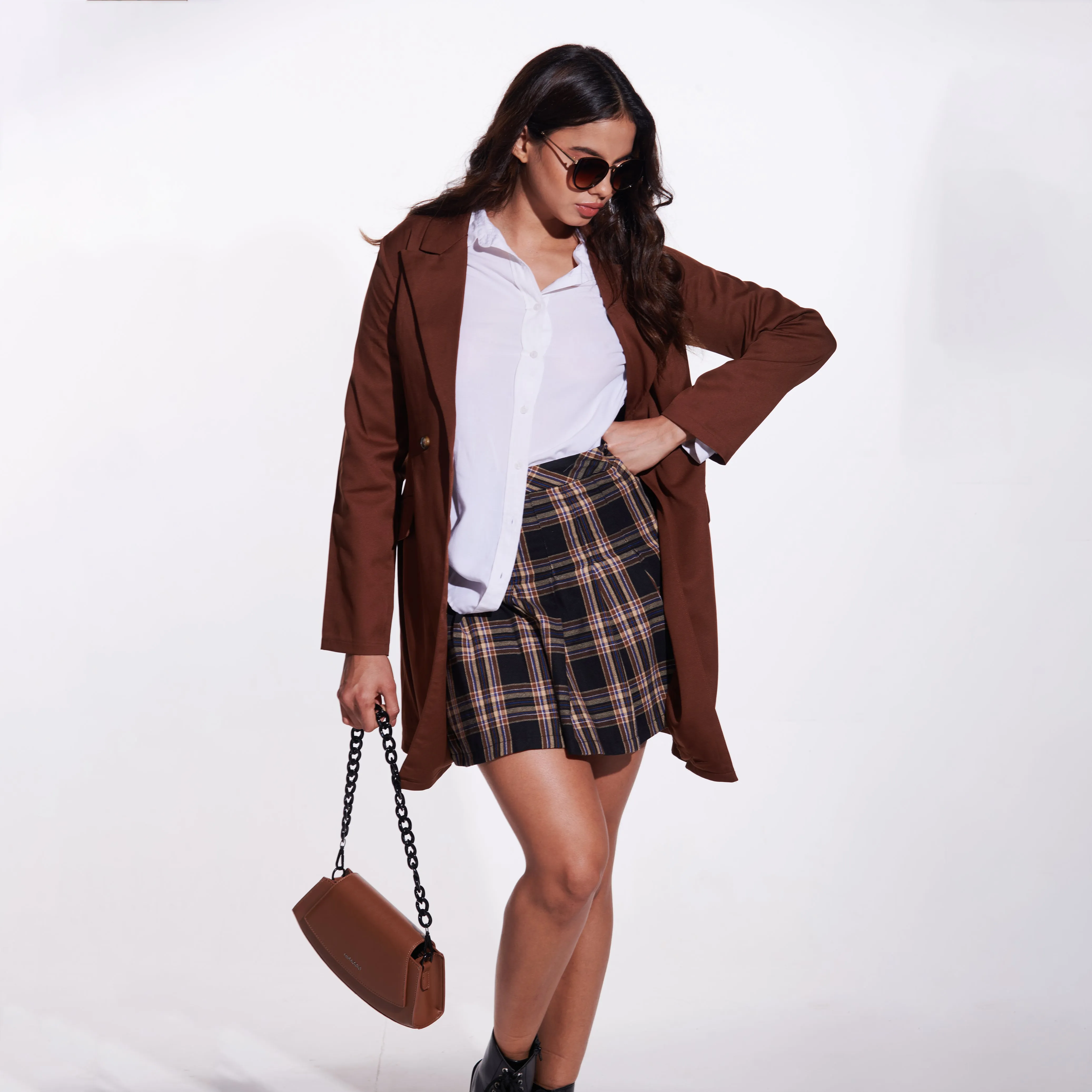 Japanese-inspired Brown Checkered Pleated Mini Skirt