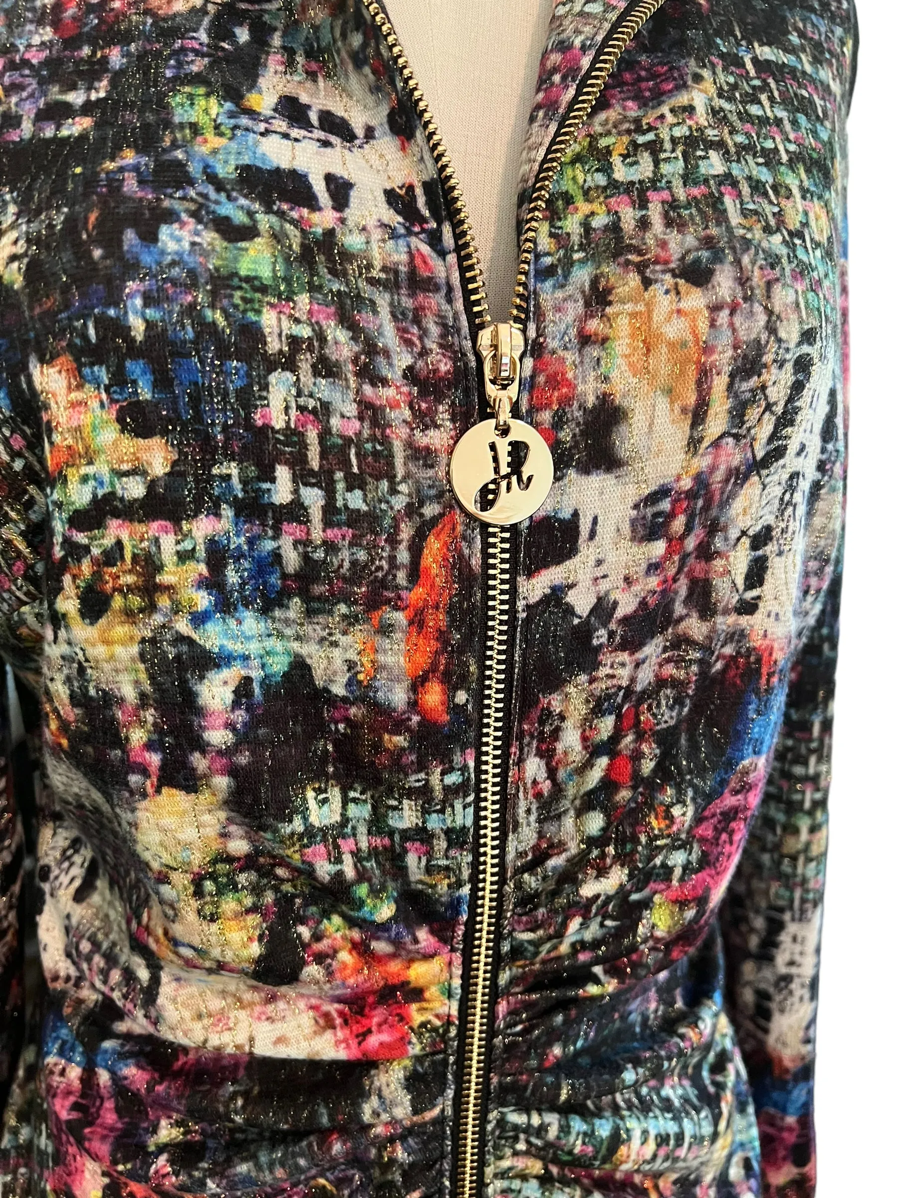 Joseph Ribkoff Size 10 Multicolor Zip Cold Shoulder Top