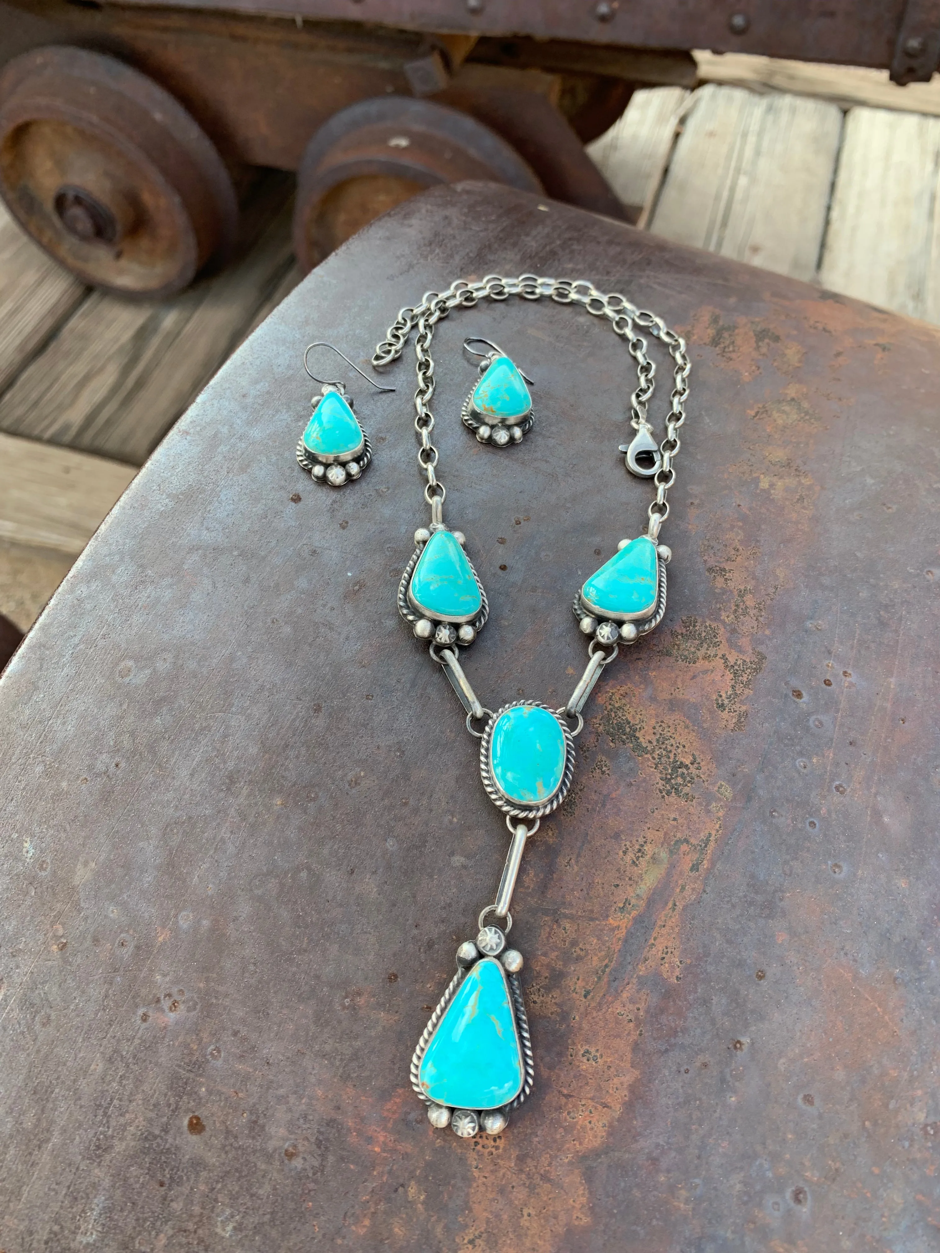 Lariat Kingman Turquoise necklace & earring set