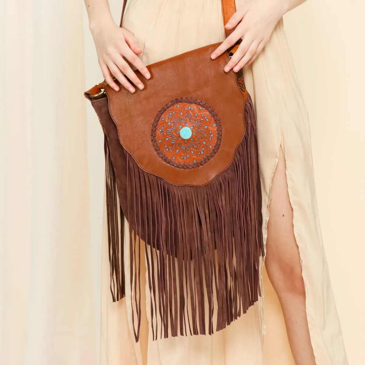 Leather Mandala Bag with Turquoise, Cross Body Bag for Women