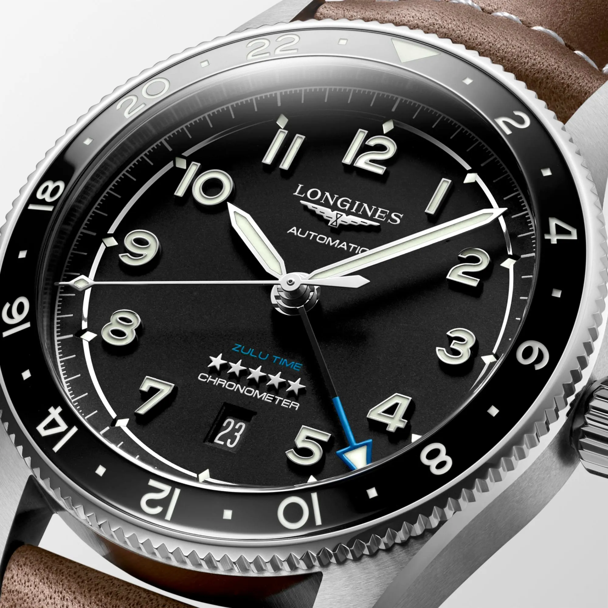 Longines Spirit 42MM Zulu Time GMT Black Leather Steel Watch L38124532