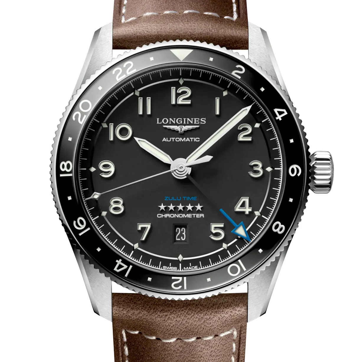 Longines Spirit 42MM Zulu Time GMT Black Leather Steel Watch L38124532