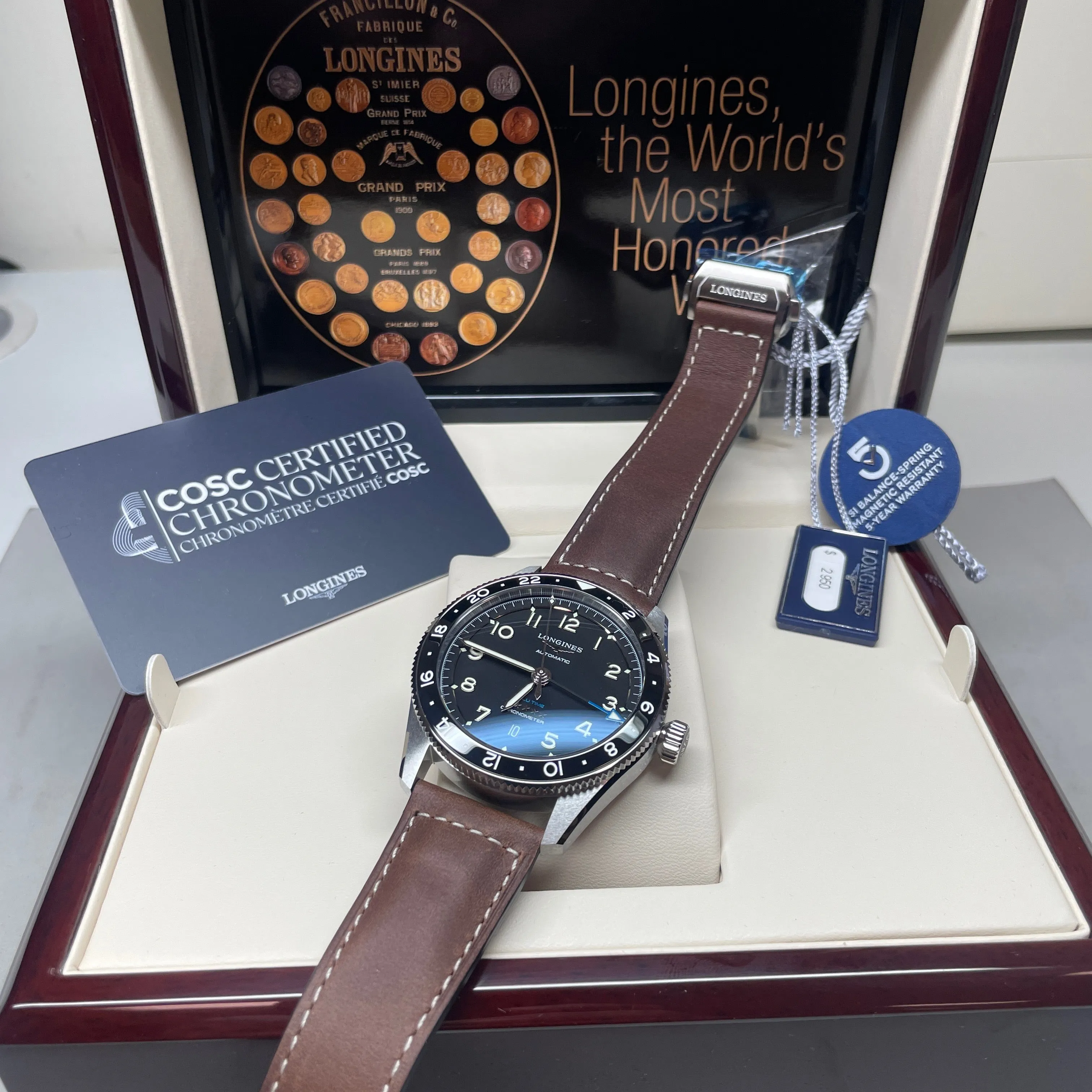 Longines Spirit 42MM Zulu Time GMT Black Leather Steel Watch L38124532