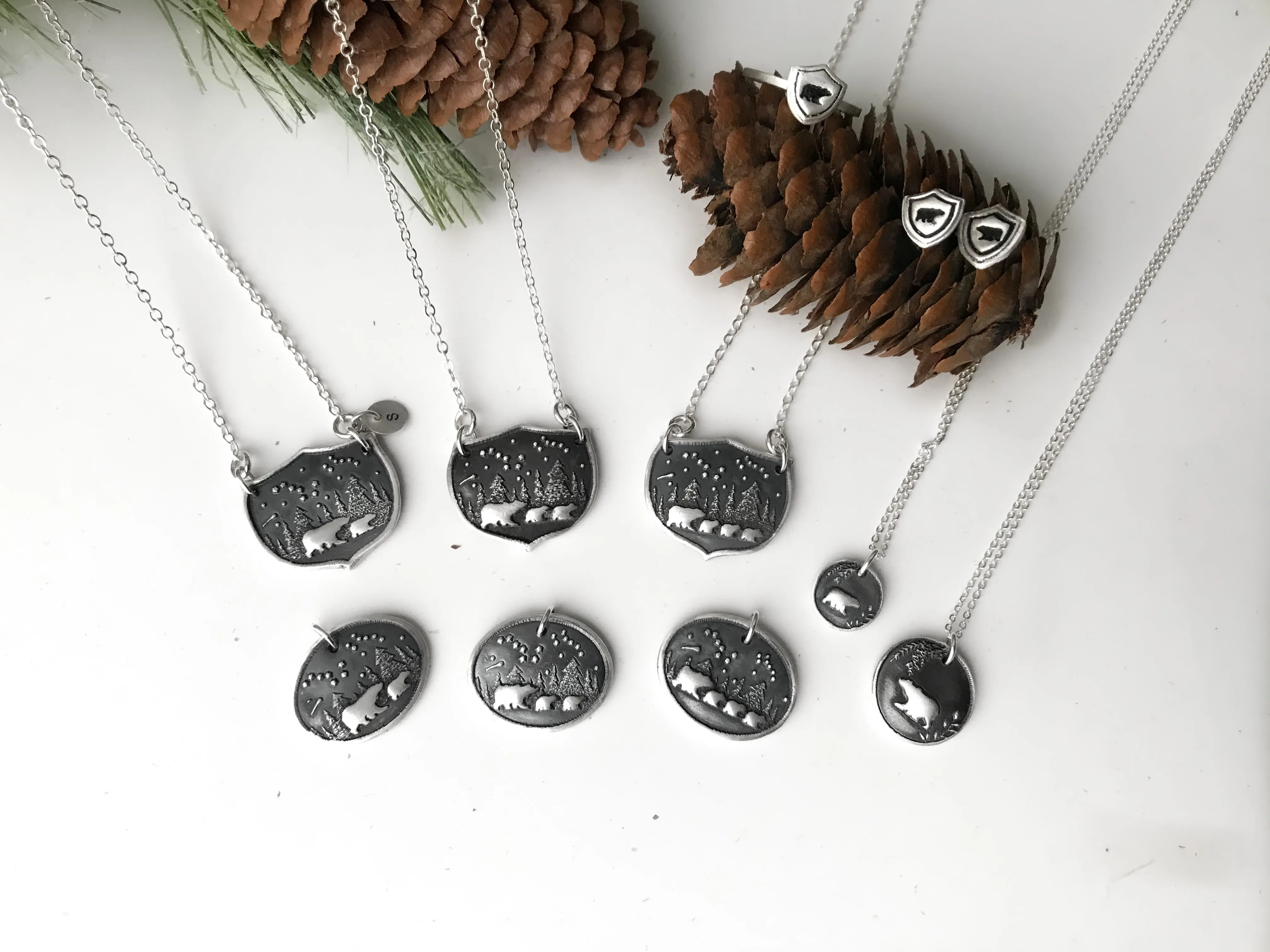 Mama Bear & 3 Baby Bears Shield Family Necklace