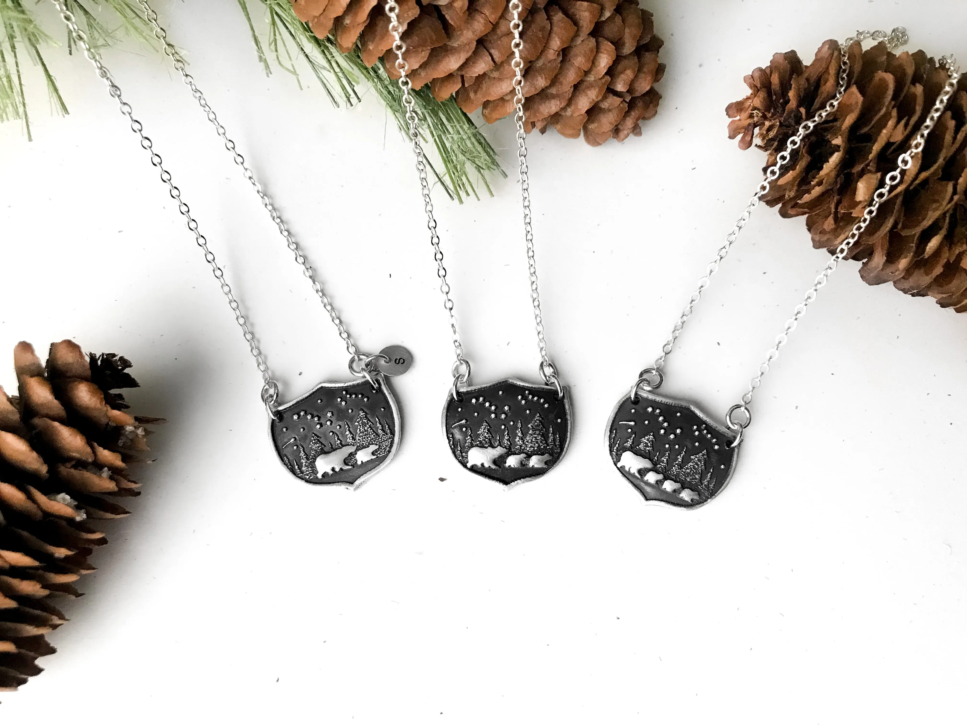 Mama Bear & 3 Baby Bears Shield Family Necklace